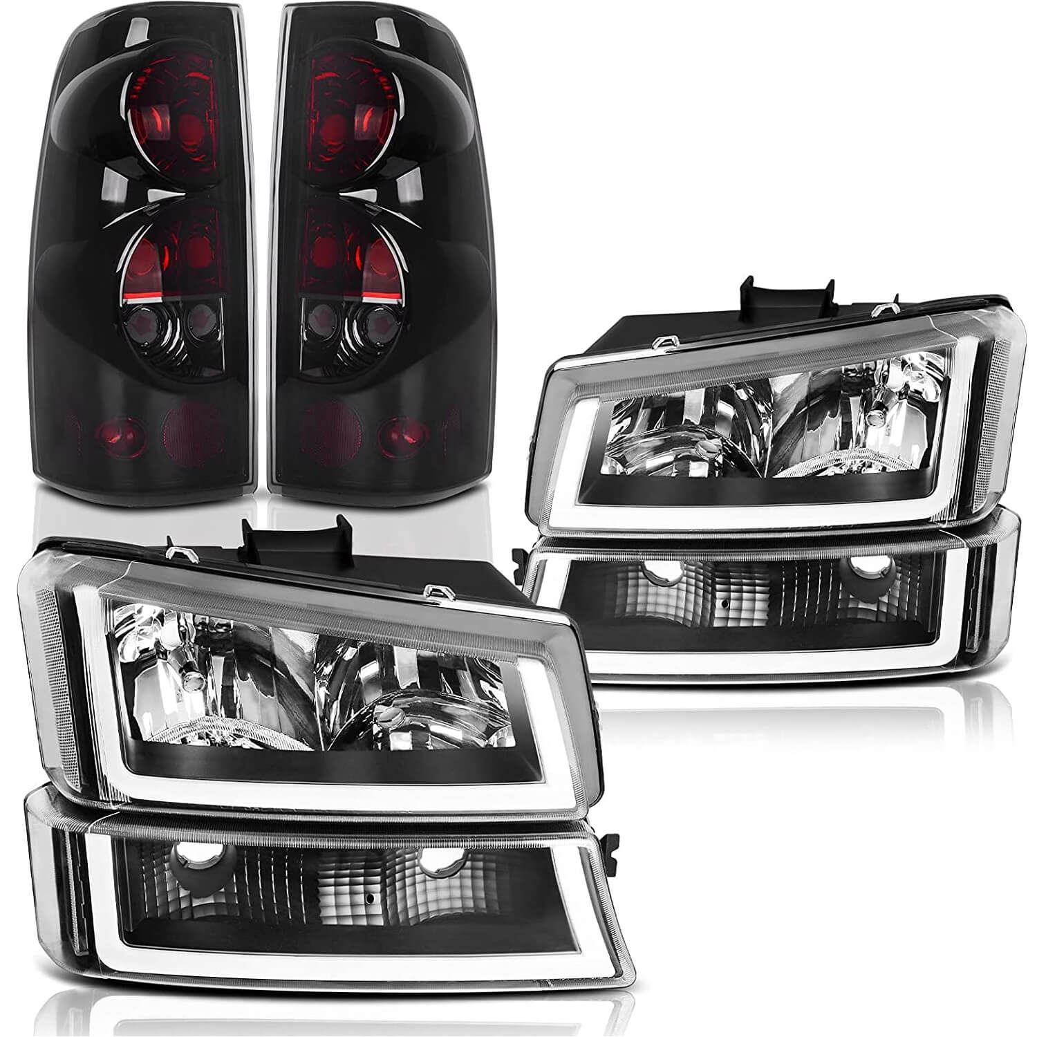 YITAMOTOR 2003-2006 Chevy Silverado LED DRL Clear Headlights + Smoke Lens Taillights Combo