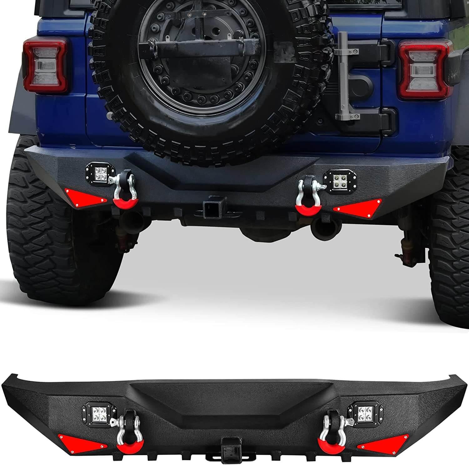 YITAMOTOR 2018-2024 Jeep Wrangler JL & Unlimited Rear Bumper, w/ 2" Hitch Receiver, D-Rings & Square LED Lights