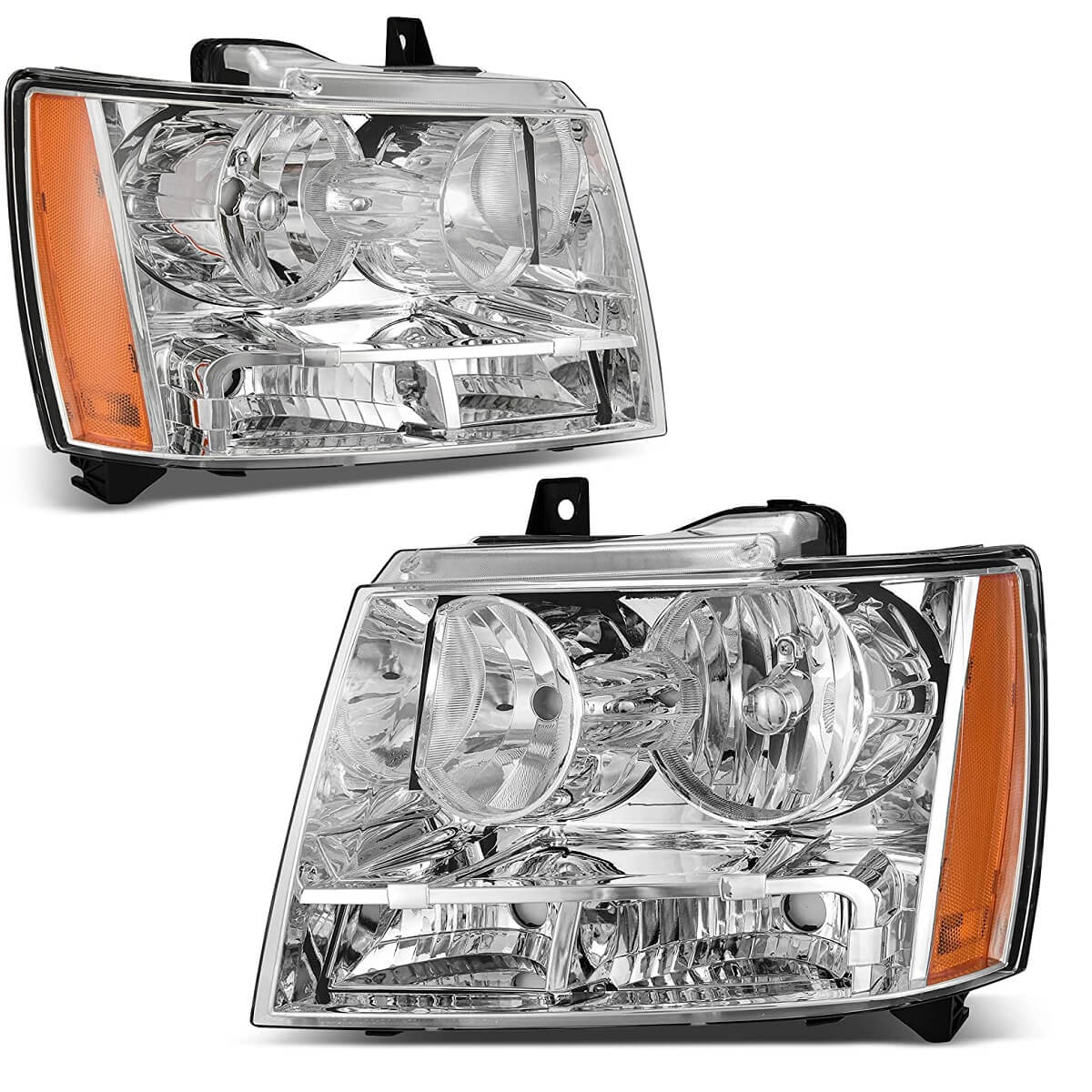 YITAMOTOR 2007-2013 Chevy Avalanche / Suburban Tahoe Halogen Headlights Assembly Chrome Housing Amber Reflector Clear Lens