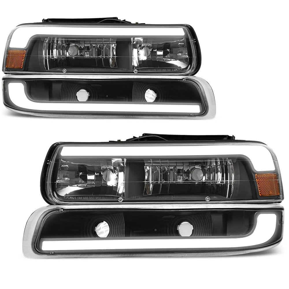 YITAMOTOR 1999-2002 Chevy Silverado LED DRL Headlights Bumper Lamps Black Housing