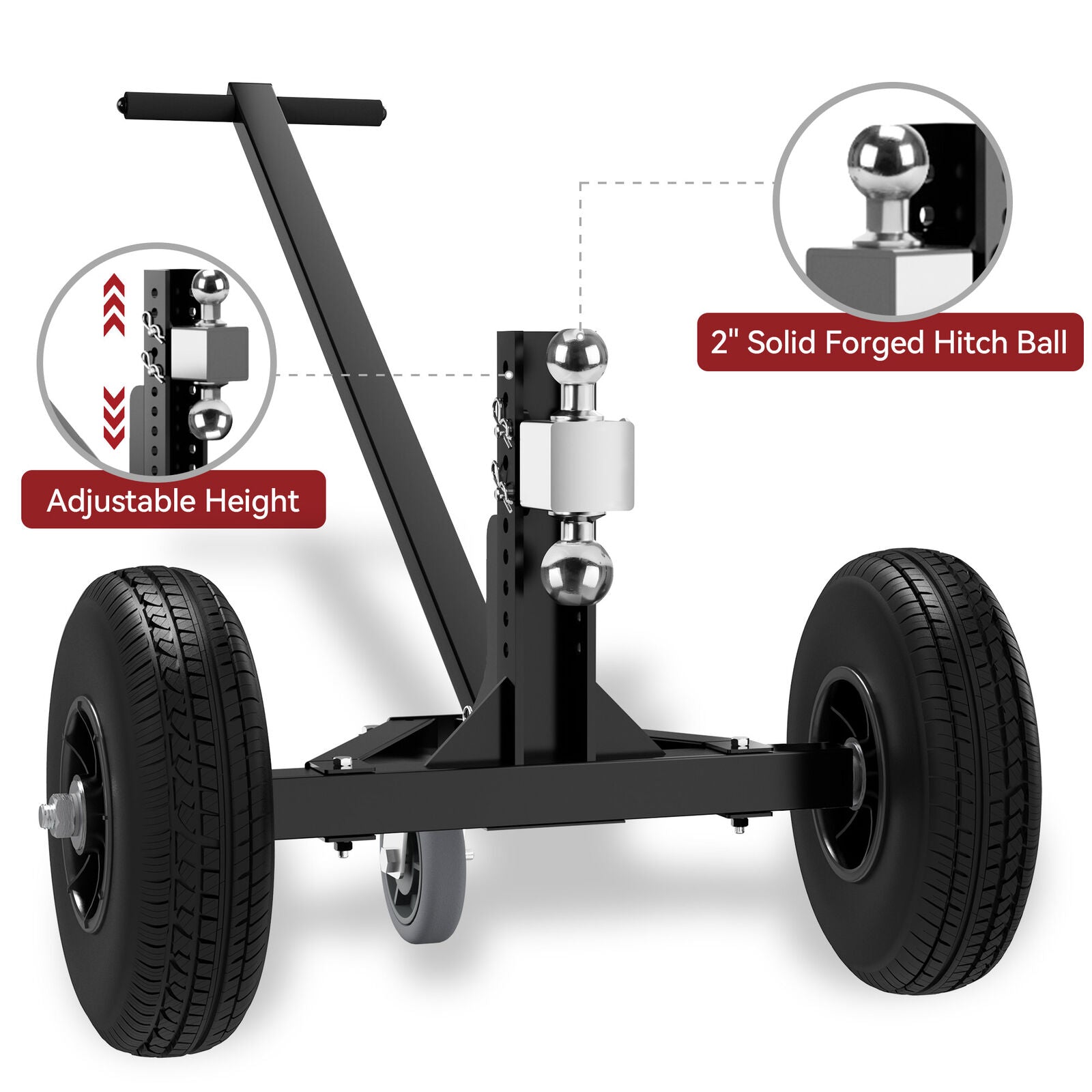 YITAMOTOR Trailer Dolly with 2" and 1-7/8" Hitch Ball, 1200 lbs Tongue Weight Capacity, Adjustable Trailer Dolly with 2pcs 16" Pneumatic Versus Tires and 1pc 6" Pneumatic Versus Tires