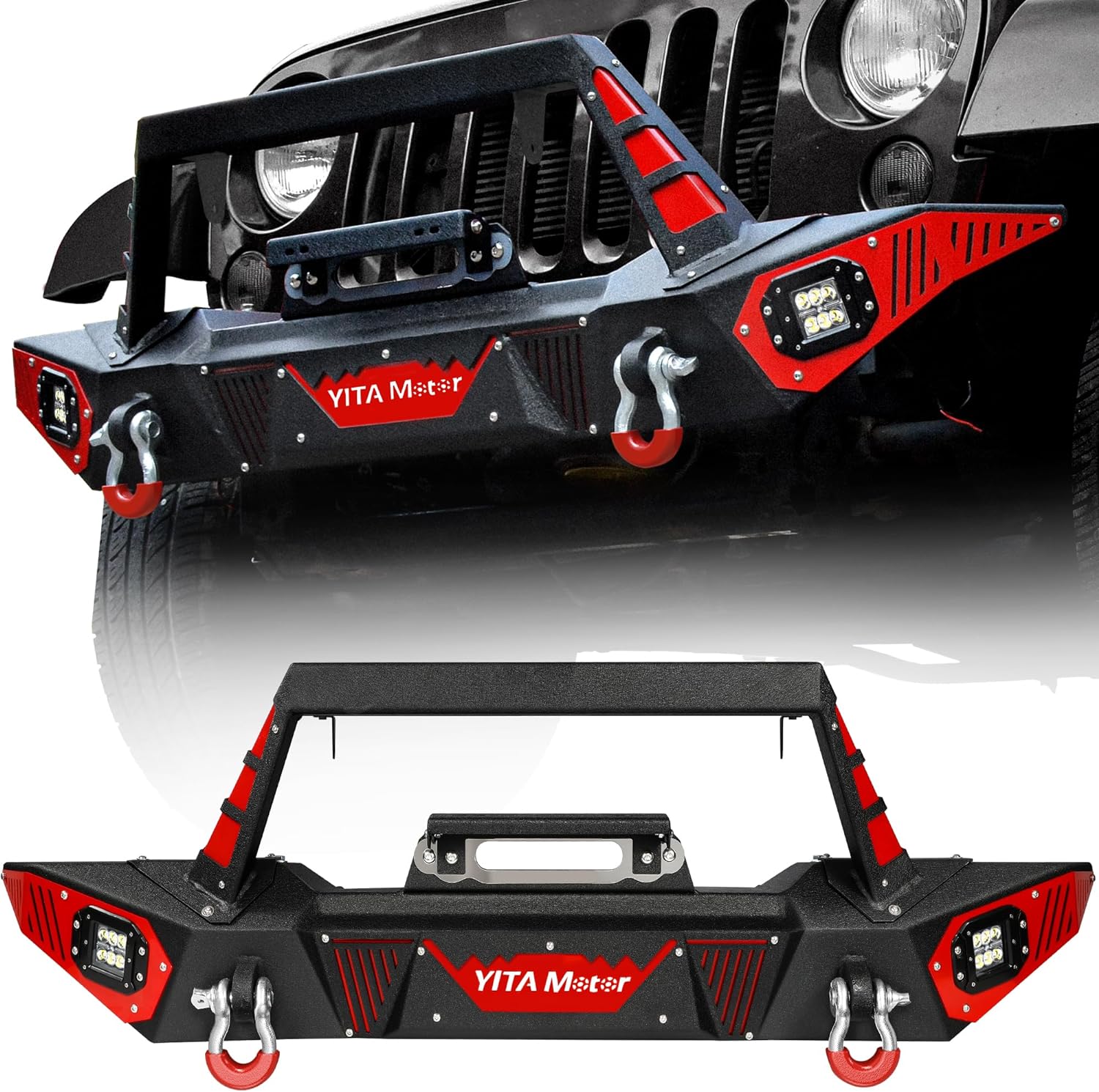 YITAMOTOR Front Bumper Compatible with 2007-2018 Jeep Wrangler JK & JKU Unlimited, Rock Crawler Bumpers w/Winch Plate & License Plate Bracket & LED Lights & D-Rings & Paintable Trim