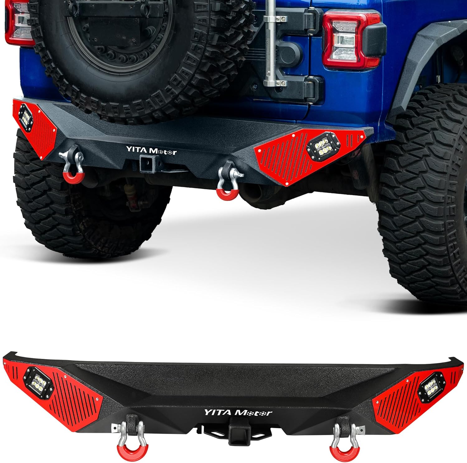 YITAMOTOR Rear Bumper Compatible with Jeep Wrangler 2018-2024 Jeep Wrangler JL & Unlimited (2/4 Doors), Off Road Back Bumpers w/ 2" Hitch Receiver, D-Rings & 2x Square LED Lights, Textured Black