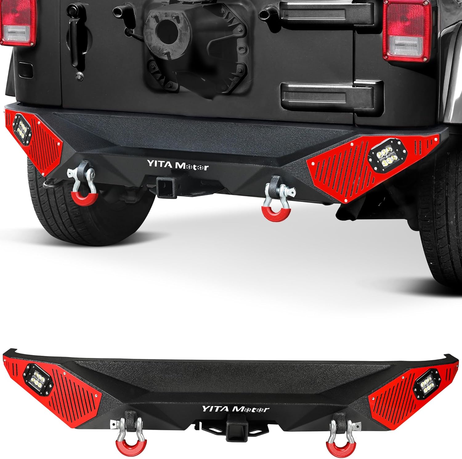 YITAMOTOR Rear Bumper Compatible with 2007-2018 JK & JKU Unlimited, Rock Crawler Back Bumpers w/ 2" Hitch Receiver, D-Rings & 2x Square LED Lights, Off Road Textured Black