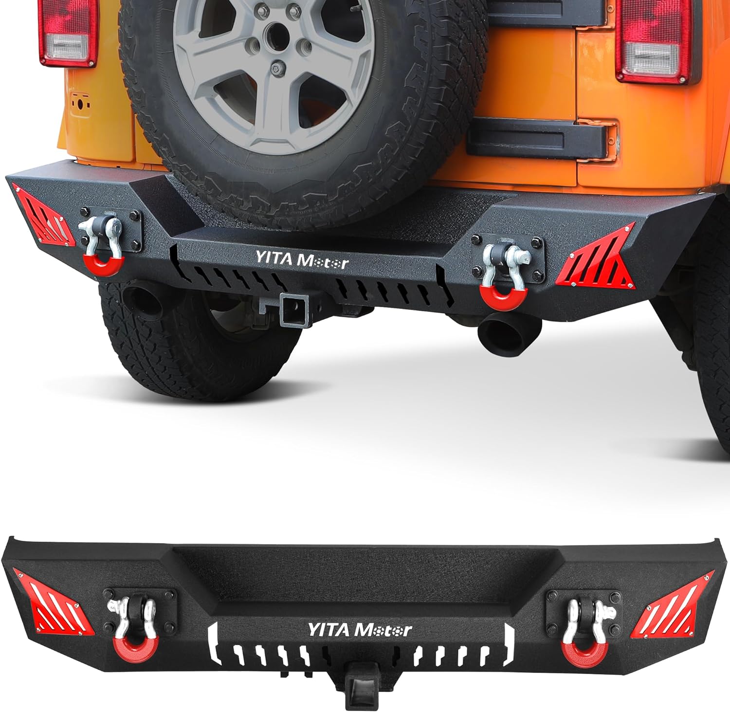 YITAMOTOR Rear Bumper Compatible with 2007-2018 Jeep Wrangler JK & JK Unlimited (2/4 Doors), Rock Crawler Bumpers w/ 2" Hitch Receiver & D-Rings & Paintable Trim?Upgraded Textured Black