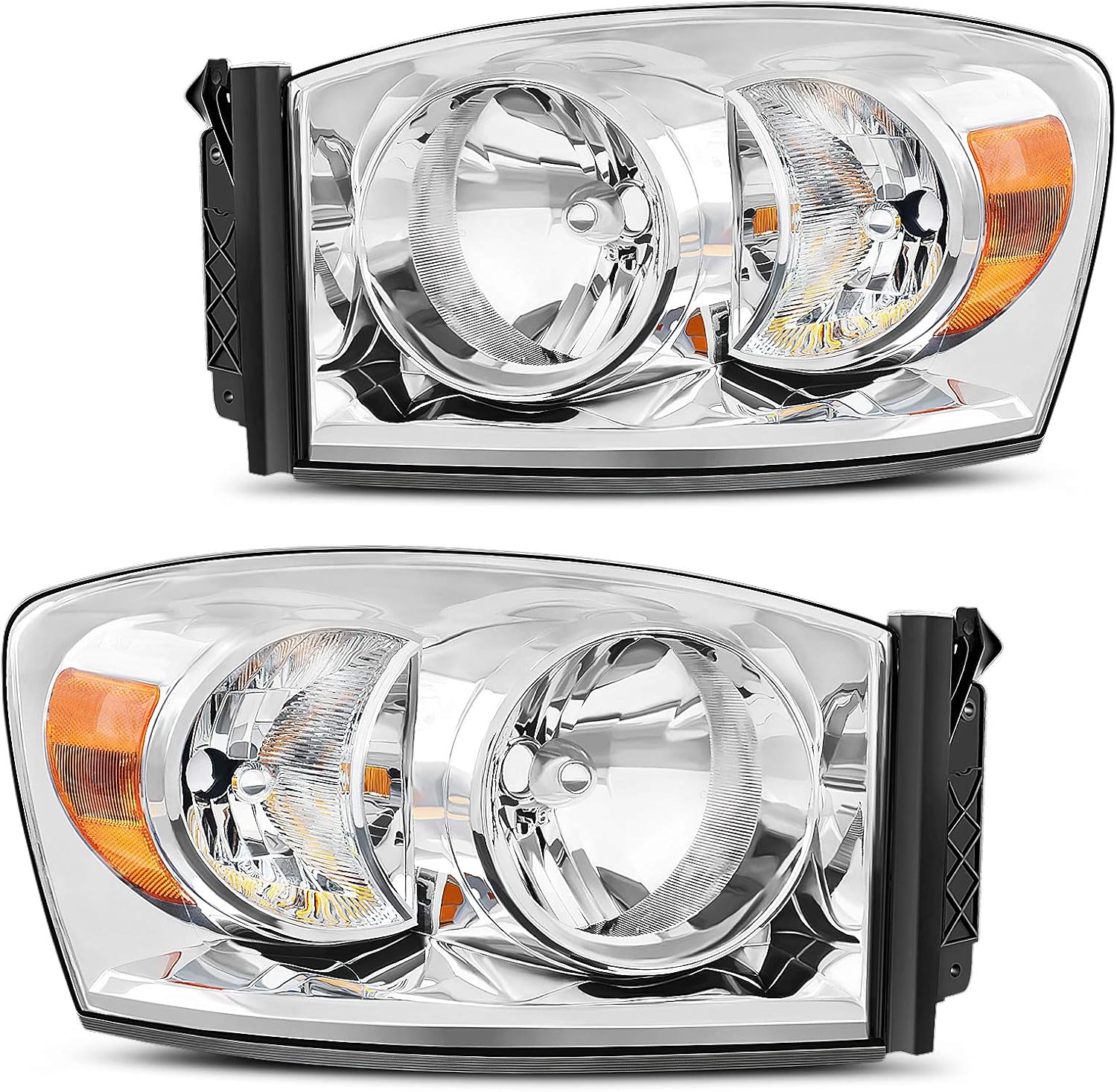 YITAMOTOR Headlight Assembly Compatible with 06-08 Dodge Ram 1500, 06-09 Dodge Ram 2500/3500 Replacement Headlamp Driving Light Chromed Housing Amber Reflector