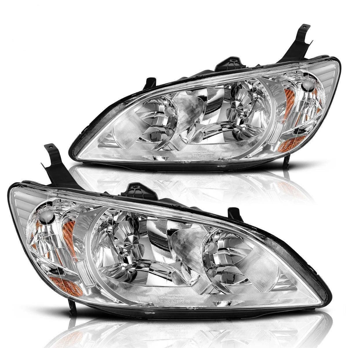 YITAMOTOR 2004 2005 Honda Civic Headlight Assembly Chrome Housing Headlamps Clear Lens