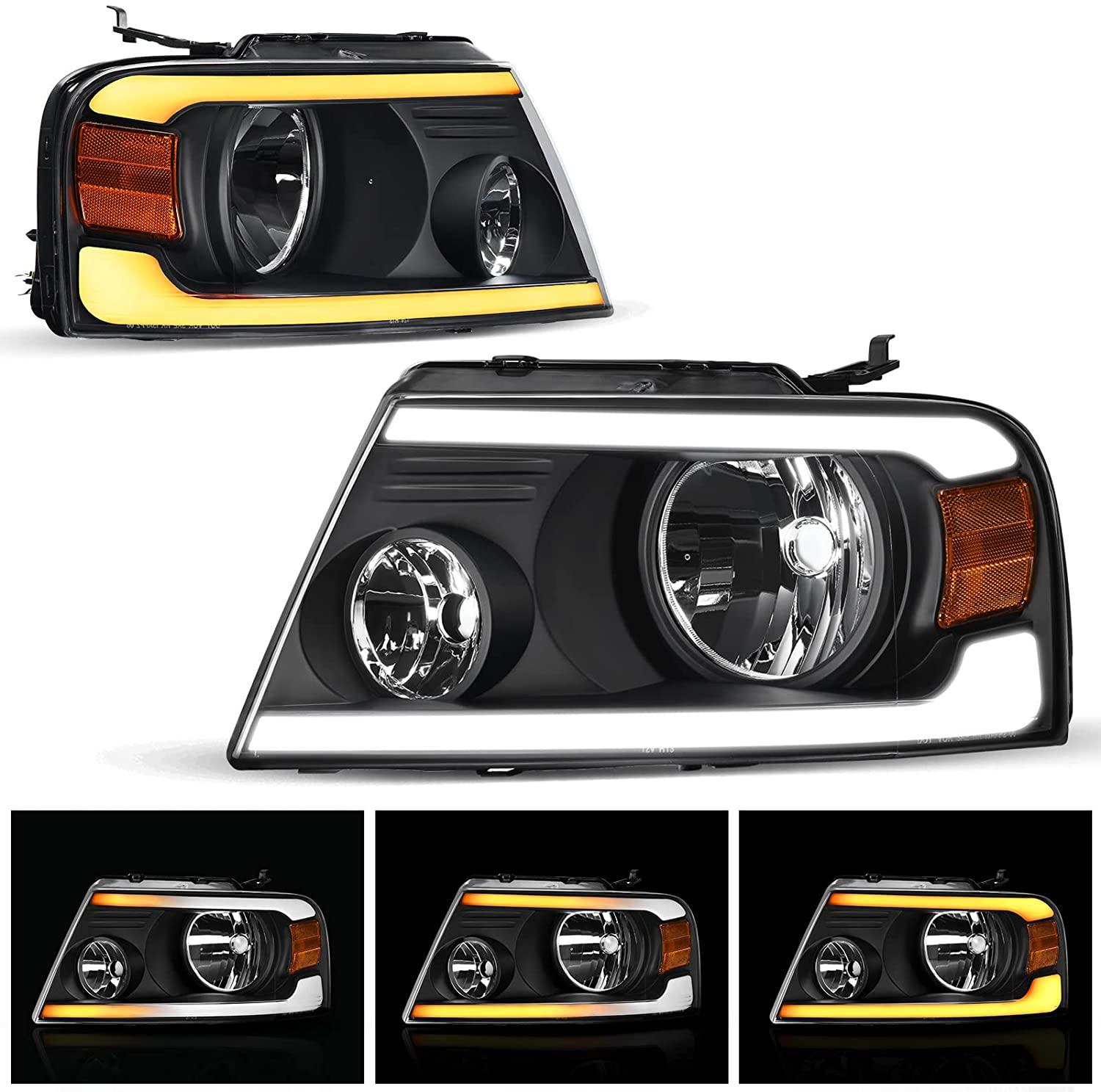 YITAMOTOR LED DRL Headlight Assembly Replacement for 2004-2008 Ford F150 F-150 Headlamps w/Sequential Turn Signal Clear Lens Black Housing Pair Set