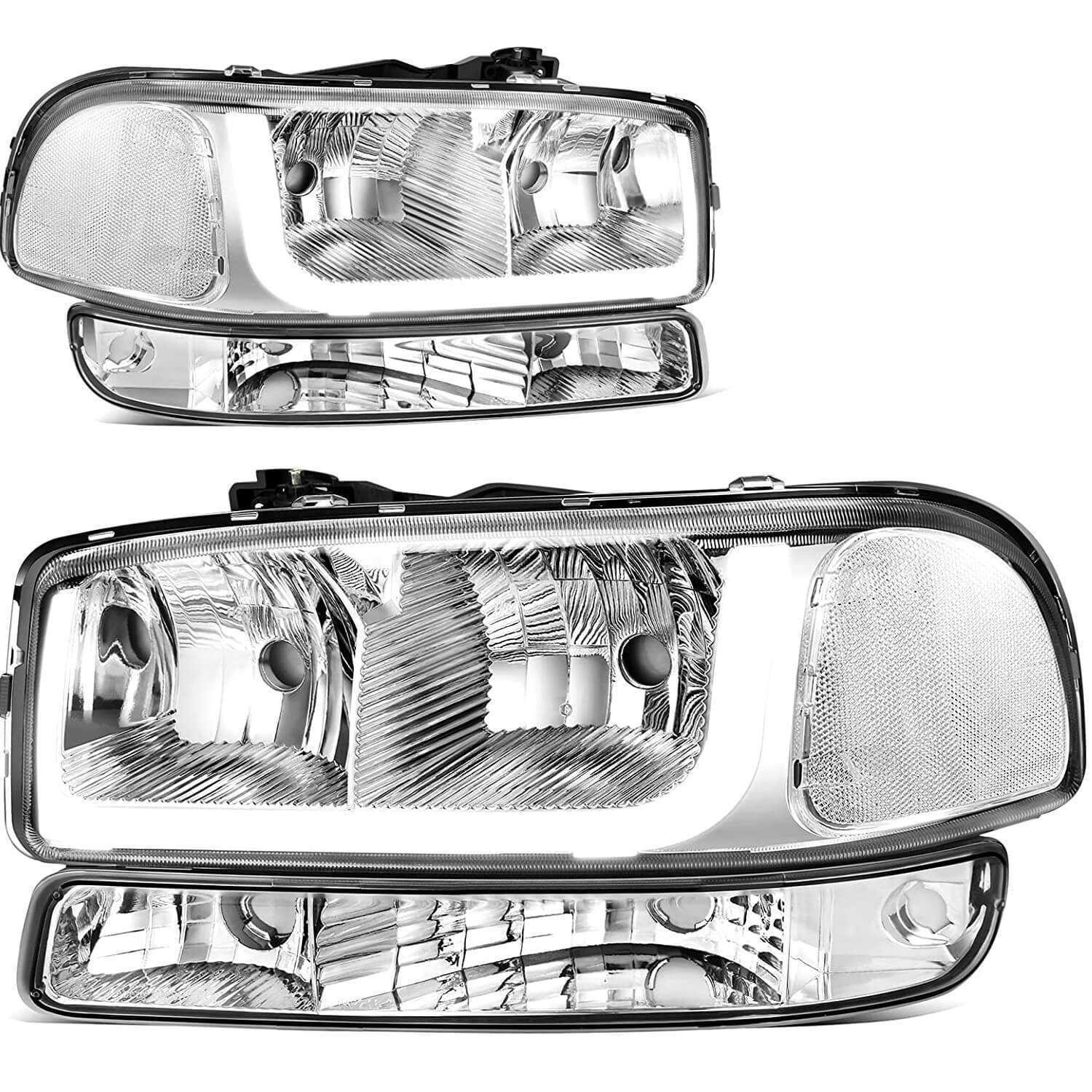 YITAMOTOR Headlights Assembly LED DRL Compatible with 1999-2007 GMC Sierra /2001-2006 GMC Yukon XL Headlamp with Daytime Running Light Chrome Housing Clear Reflector