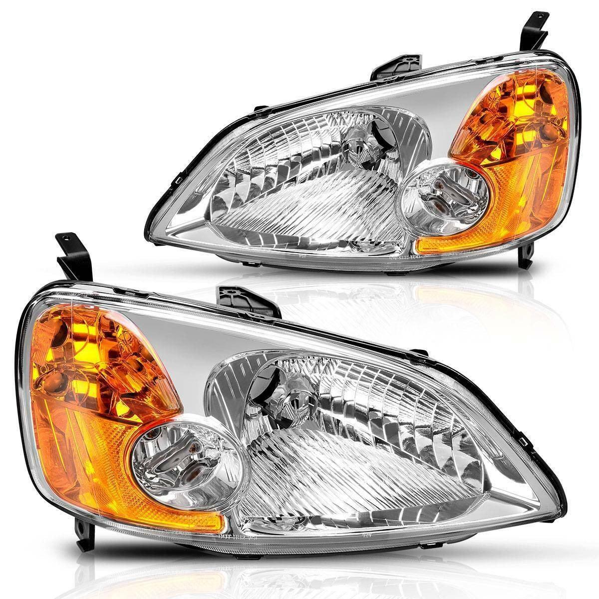 YITAMOTOR Headlights Assembly Compatible with 2001-2003 Honda Civic Headlamp Replacement Chrome Housing Pair Driver and Passenger Side