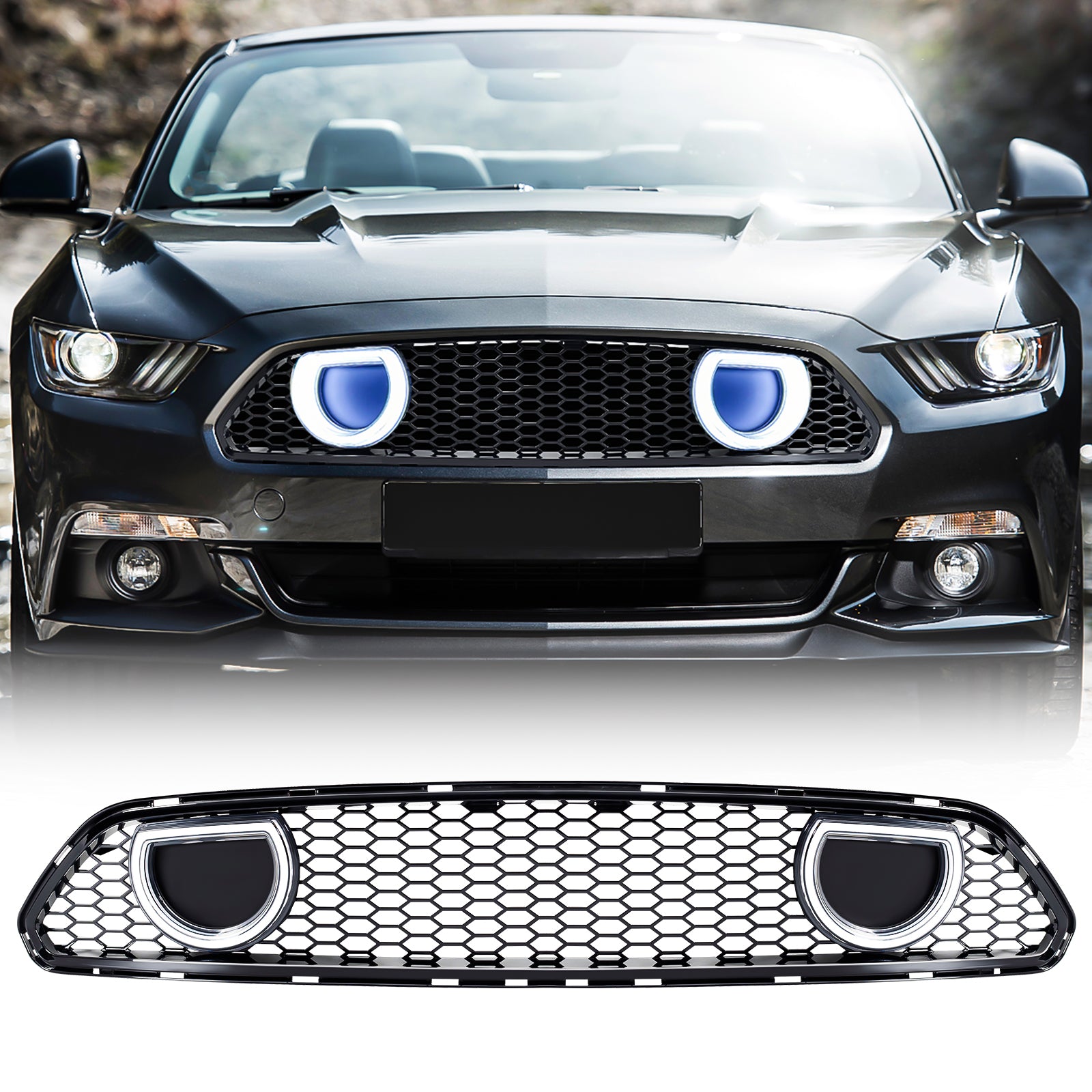 Mach 1 Front Upper Grille W/ DRL LED - Glossy Black for 2015-2017 Ford Mustang