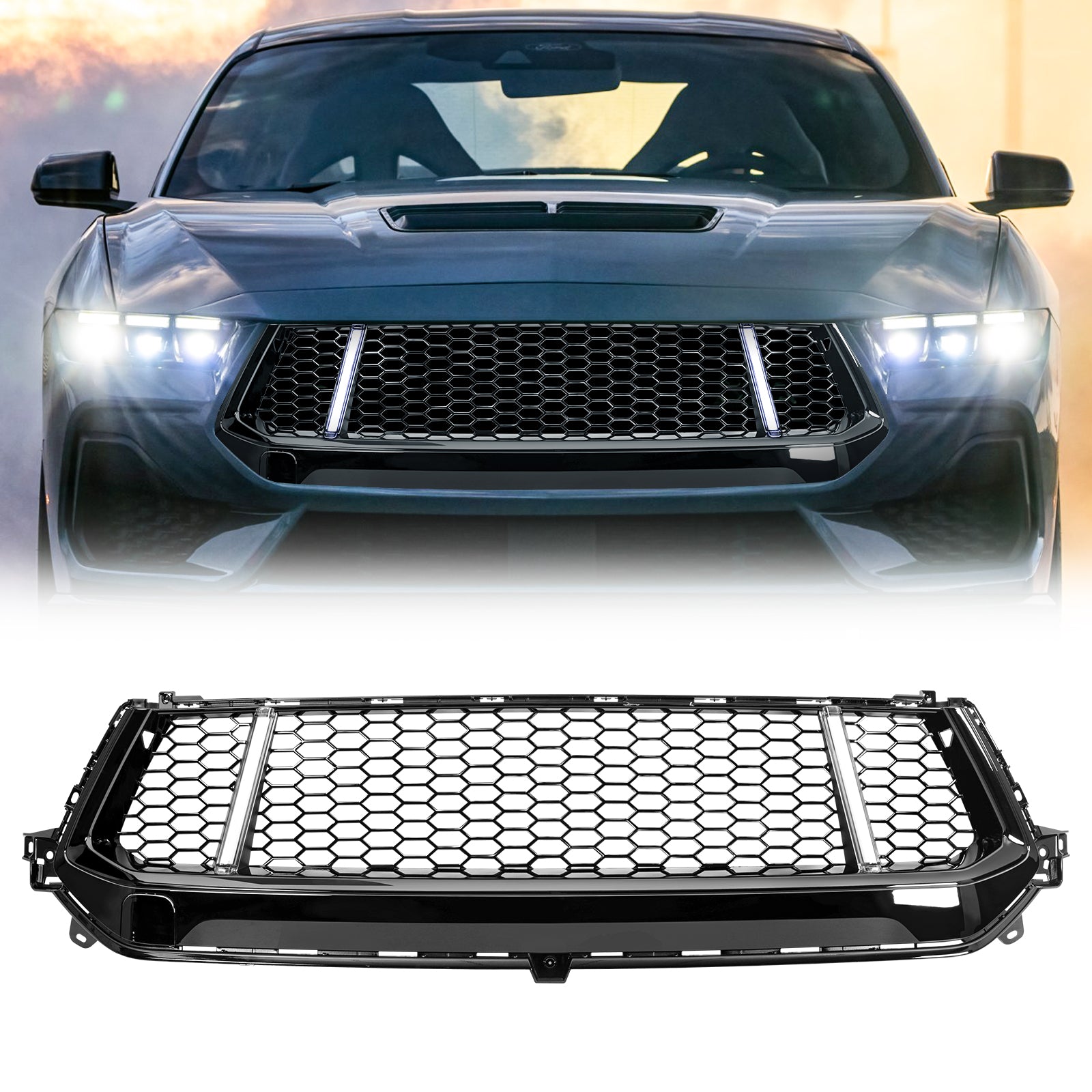 GT Style Front Upper Grille with LED DRL and Turn Signals - Glossy Black for 2024+ Ford Mustang EcoBoost & GT