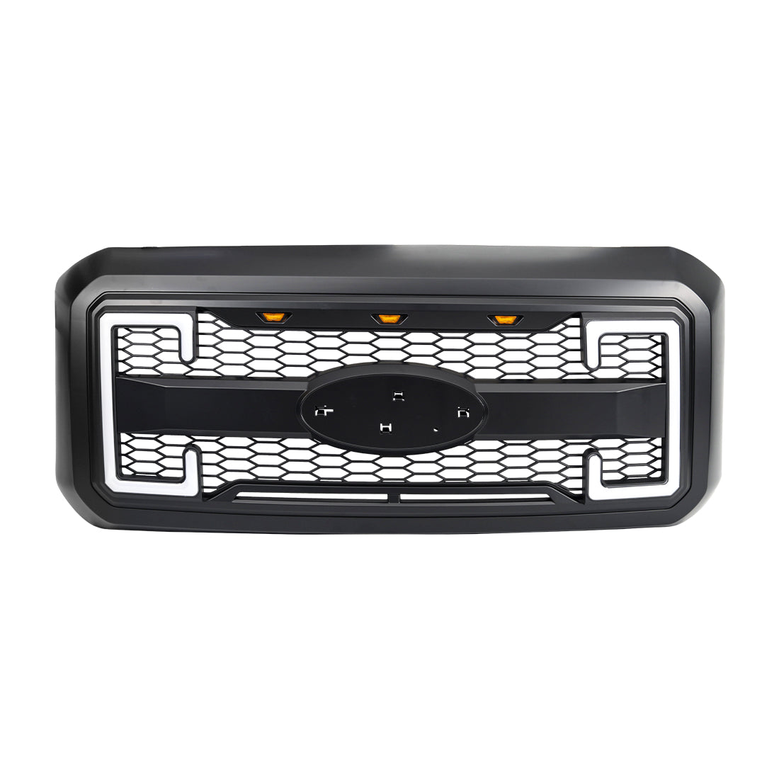 Raptor Style Mesh Grille W/DRL & Turn Signal Lights Emblem Base - Matte Black For 2011-2016 Ford F250/350/450/550 Super Duty