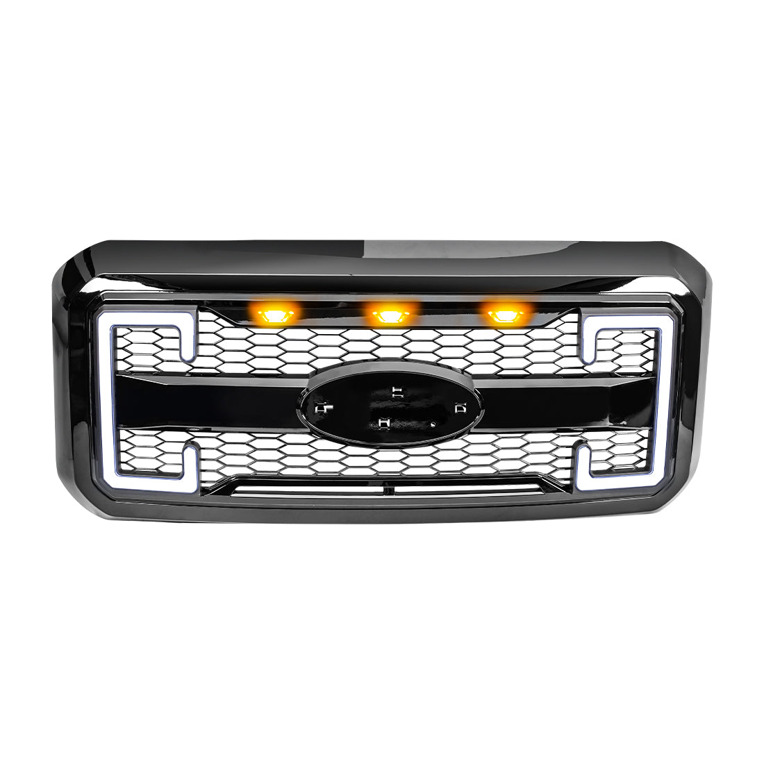 Raptor Style Mesh Grille W/DRL & Turn Signal Lights Emblem Base - Glossy Black For 2011-2016 ford f250/350/450/550 Super Duty