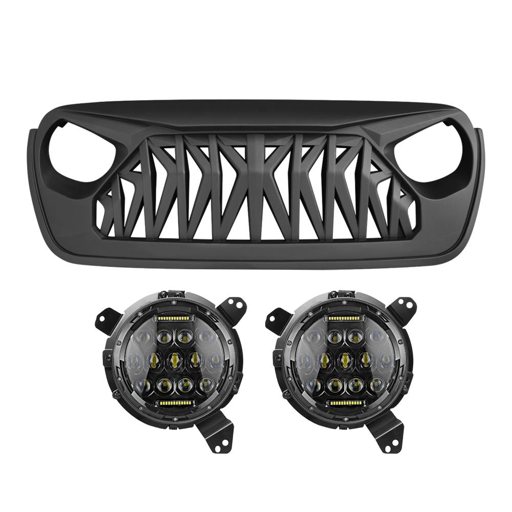 Shark Grille & Honeycomb Headlights Combo for 18-21 Wrangler JL & Gladiator JT