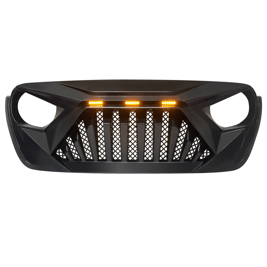 Matte Black Front Goliath Grille w/Amber LED Running Light For 18-22 Jeep Wrangler JL & Gladiator JT