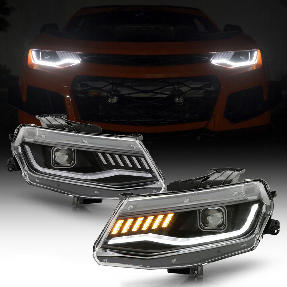 Black LED Projector Headlights w/Sequential for 2016-2022 Chevrolet Camaro