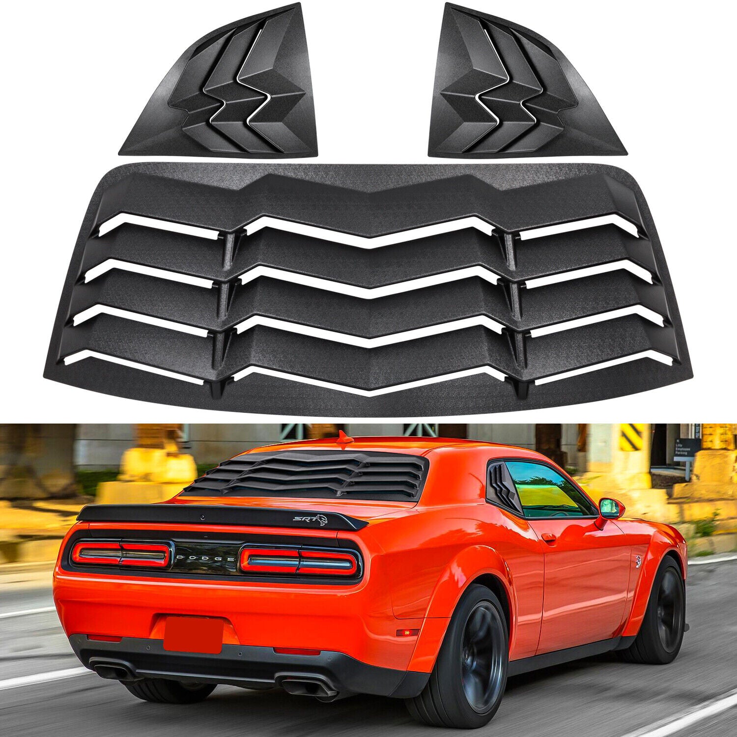 Texture GT Lambo Style Rear & Side Window Louvers-Matte Black for 2008-2023 Dodge Challenger