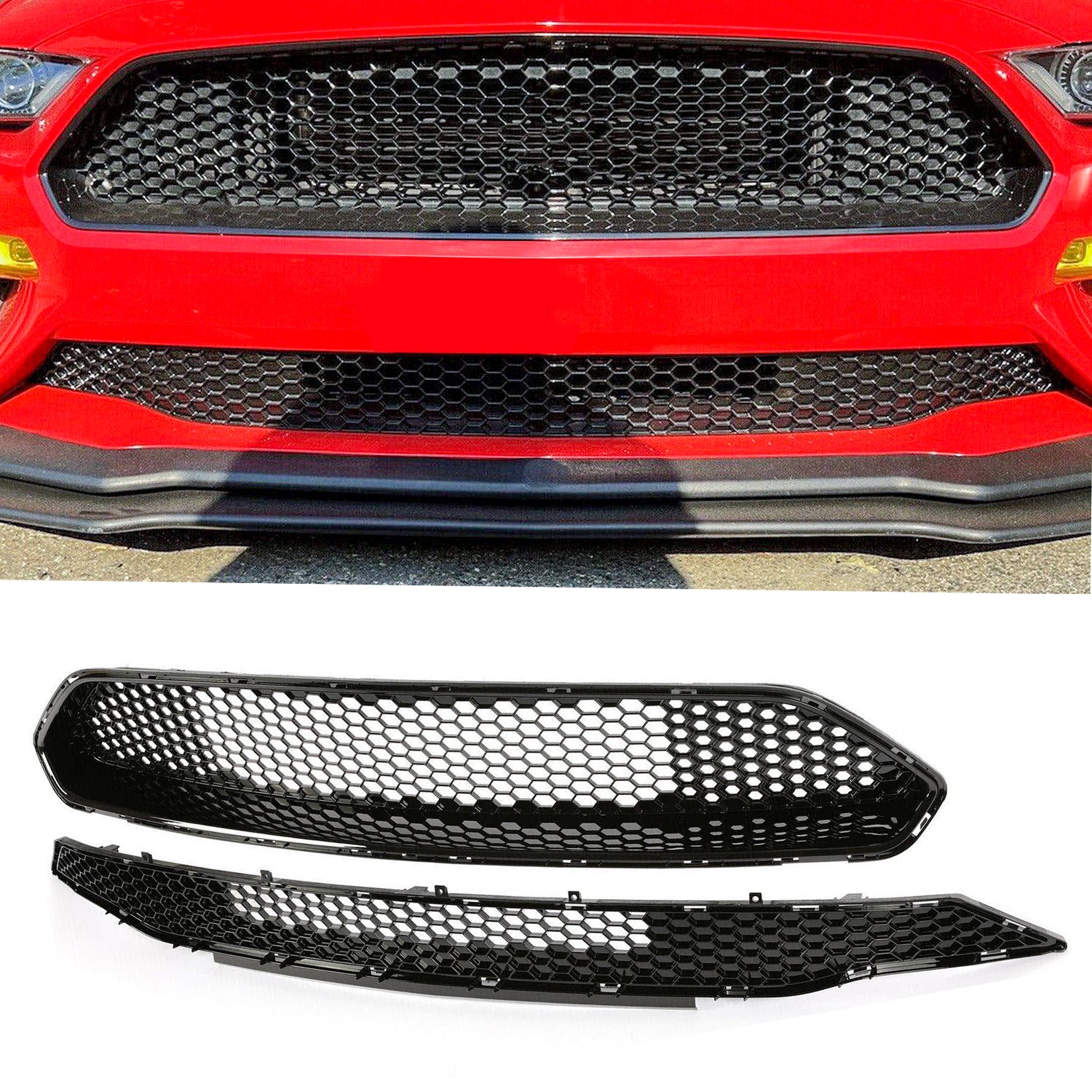 Honeycomb Front Upper & Lower Mesh Grill -Glossy Black for 2018-2022 Ford Mustang