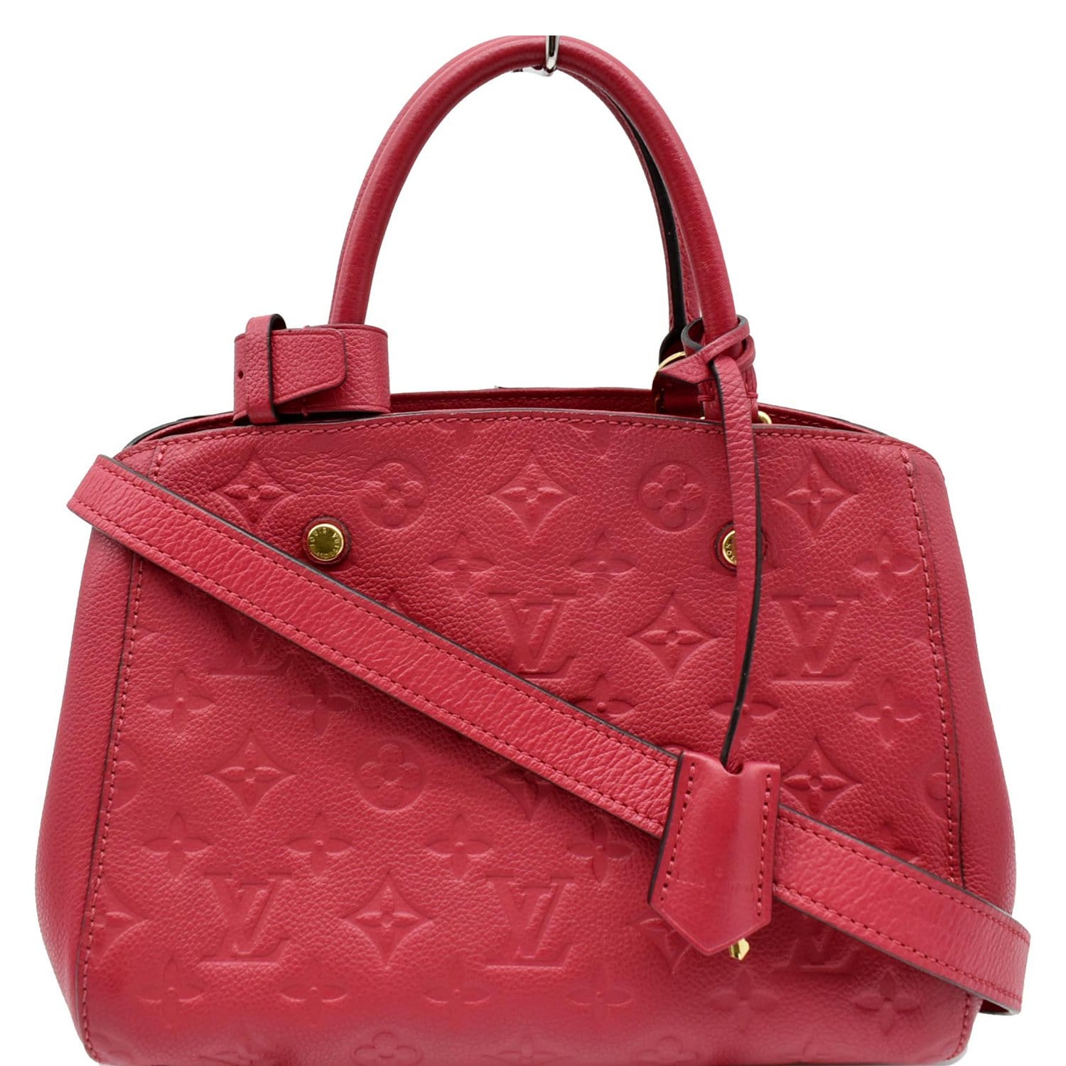 LOUIS VUITTON Montaigne BB Monogram Empreinte Leather Satchel Bag Dahlia