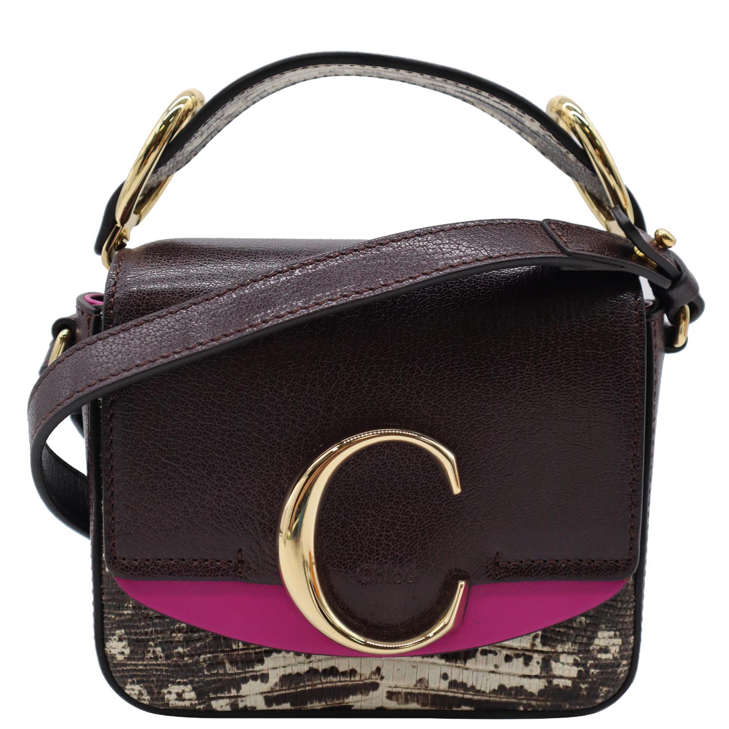 CHLOE Mini C Flap Double Carry Embossed Leather Crossbody Bag Raisin