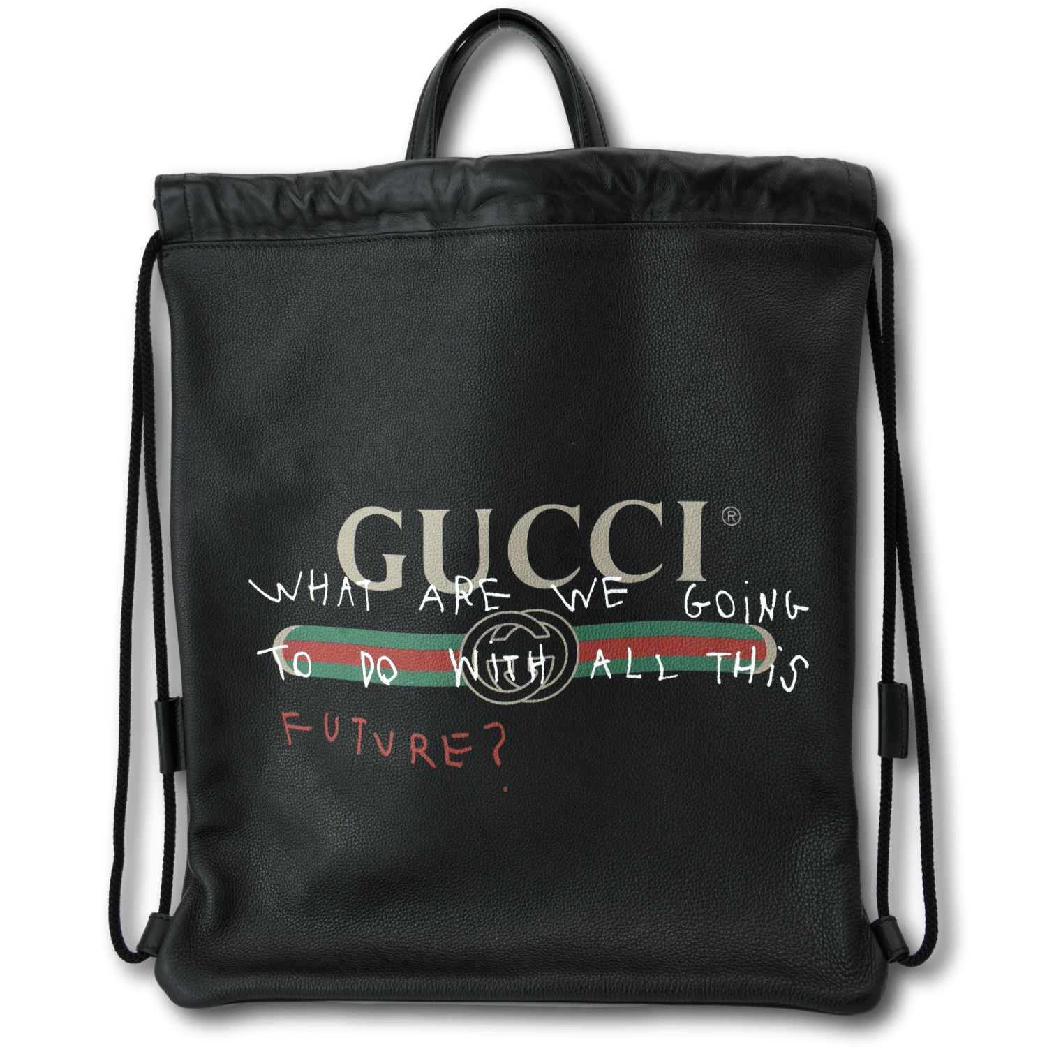 GUCCI Drawstring Print Leather Backpack Bag Black 494053