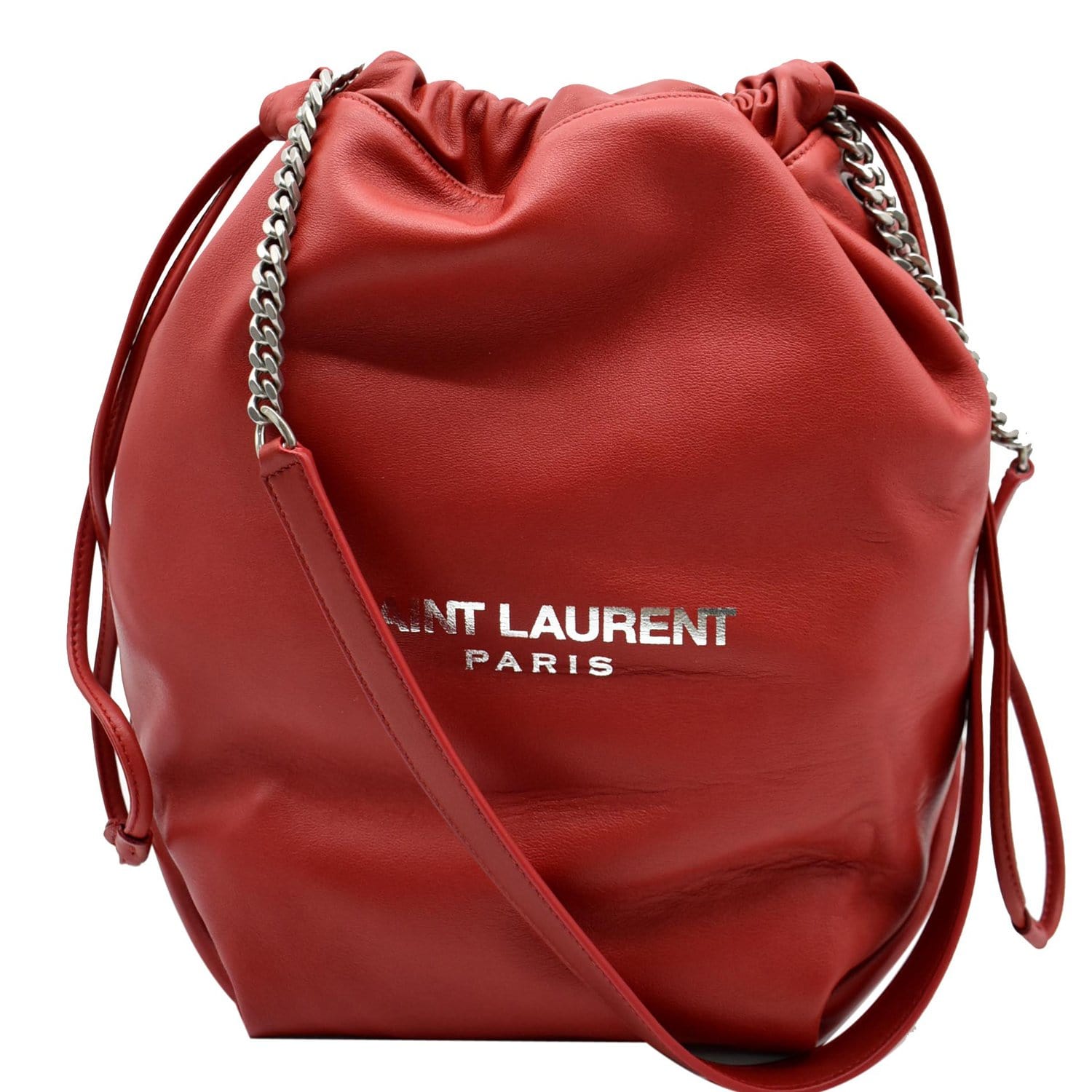 YVES SAINT LAURENT Teddy Lambskin Leather Bucket Shoulder Bag Red