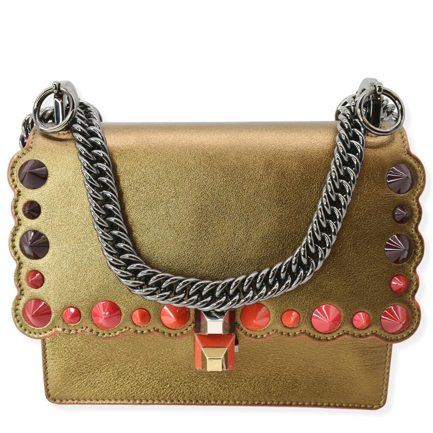 FENDI Kan I Small Studded Metallic Leather Chain Shoulder Bag Gold