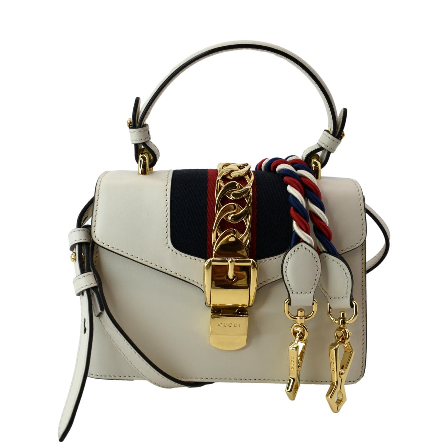 GUCCI Sylvie Mini Leather Top Handle Crossbody Bag White 470270