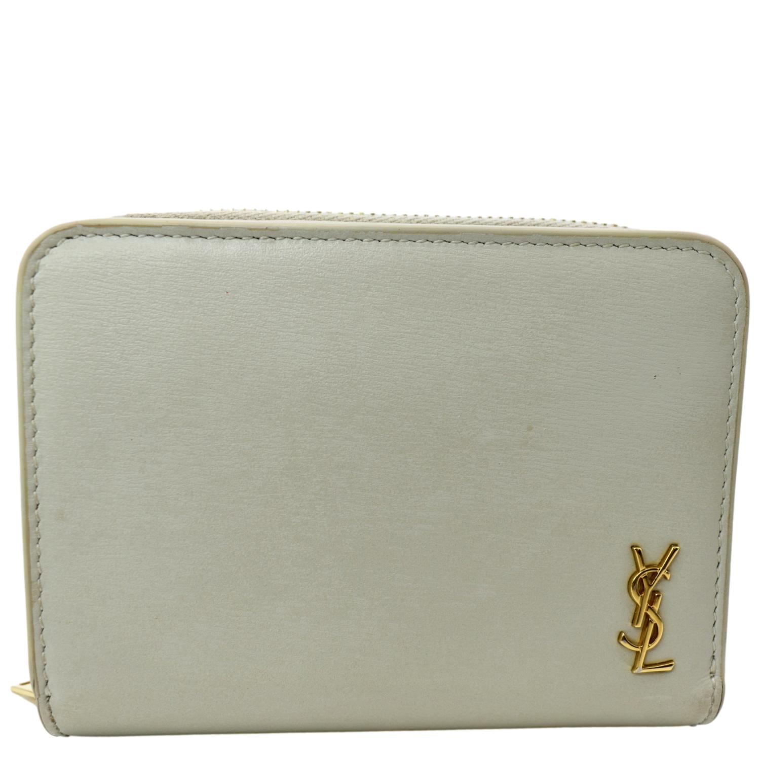 YVES SAINT LAURENT Tiny Monogram Compact Leather Zip Around Wallet White