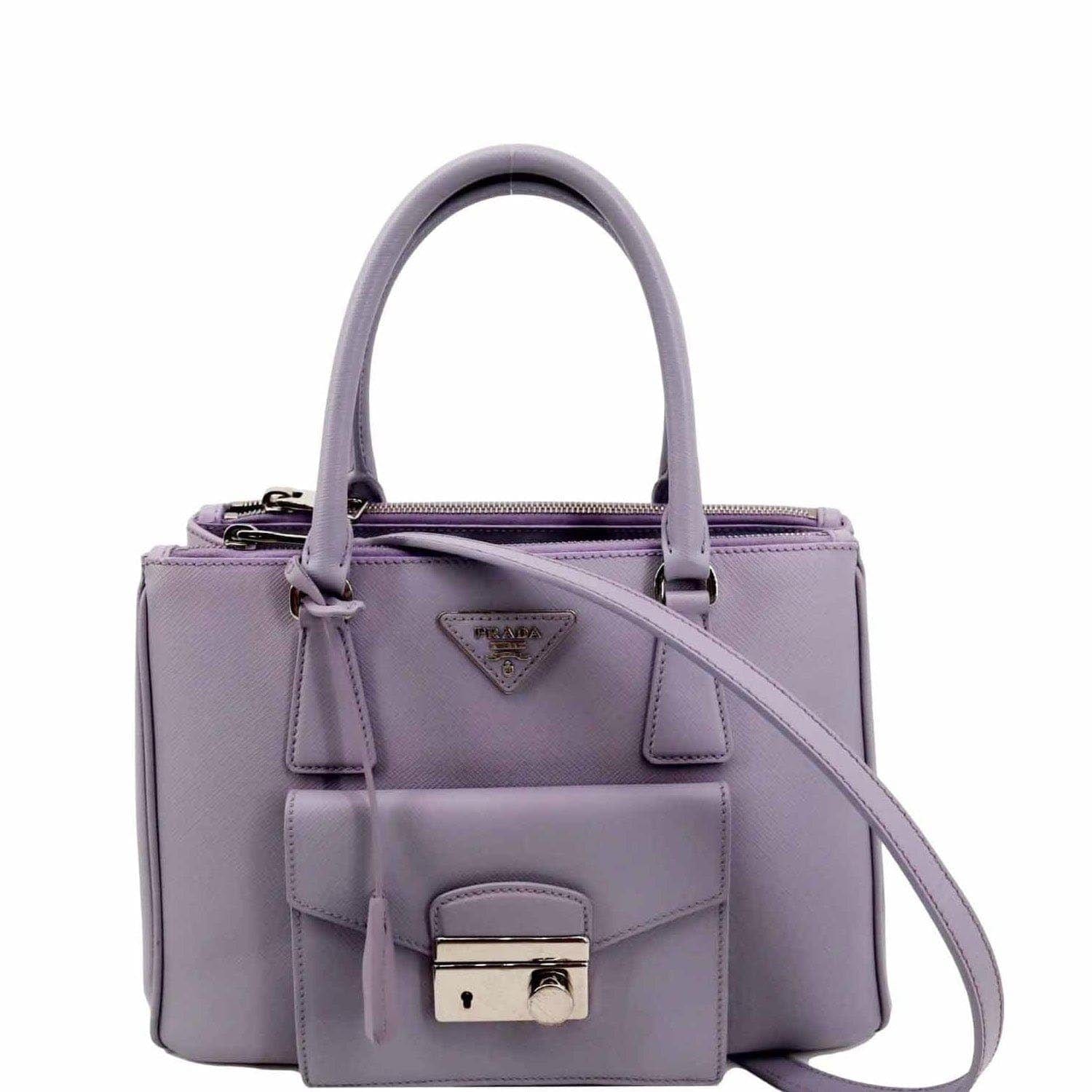 PRADA Front Pocket Double Zip Saffiano Leather Tote Shoulder Bag Light Purple