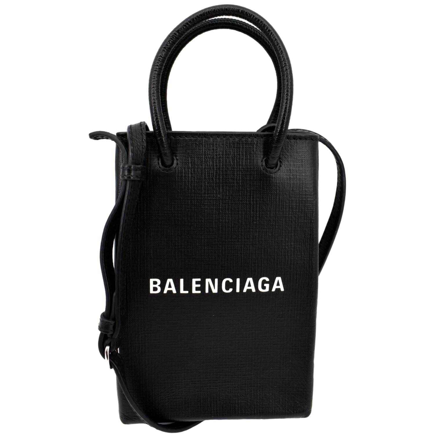 BALENCIAGA Leather Phone Holder Shopping Crossbody Bag Black