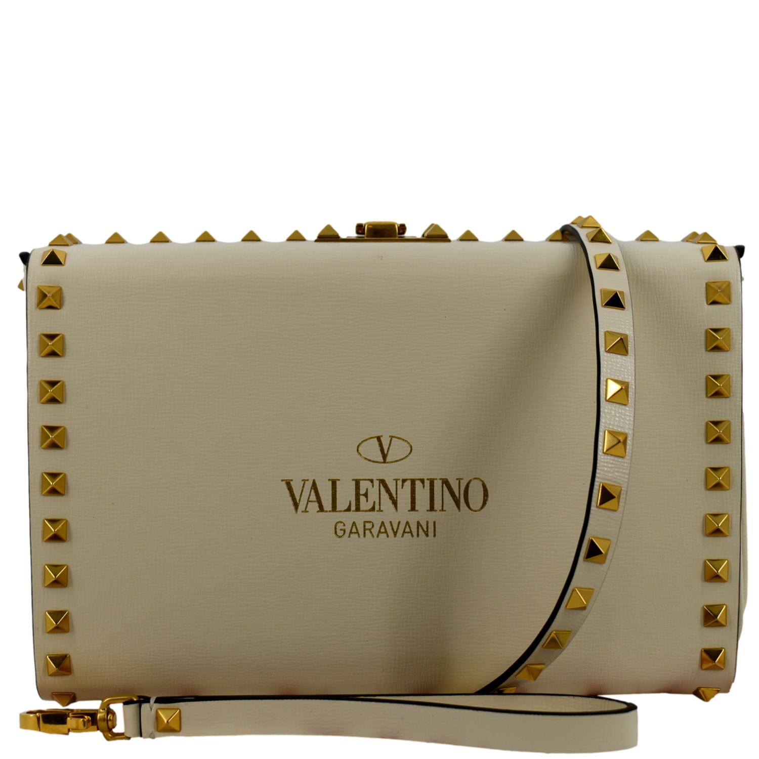 VALENTINO Rockstud Alcove Calfskin Leather Clutch Shoulder Bag Ivory