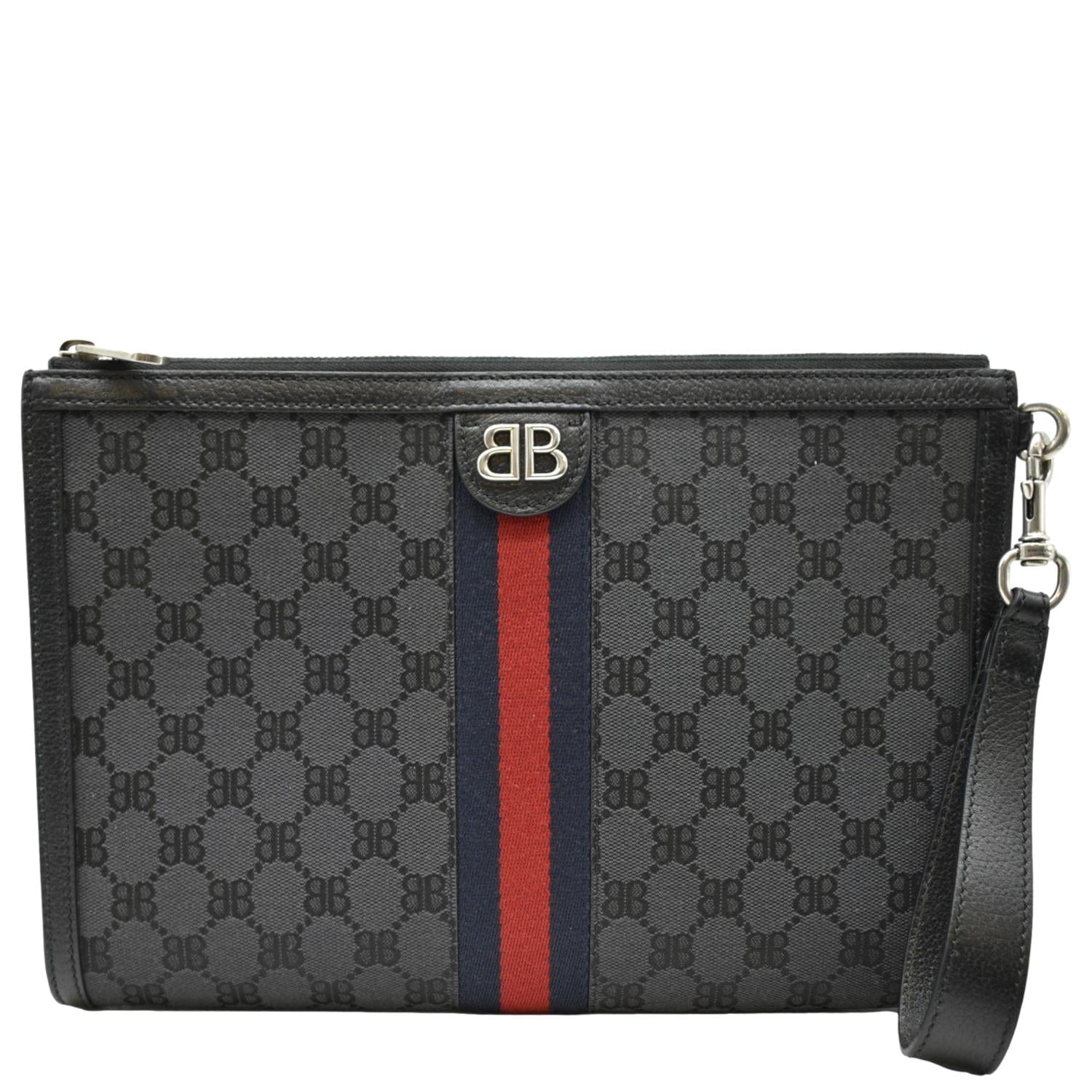 BALENCIAGA X Gucci Hacker Project Web BB Canvas Wristlet Clutch Black 680382