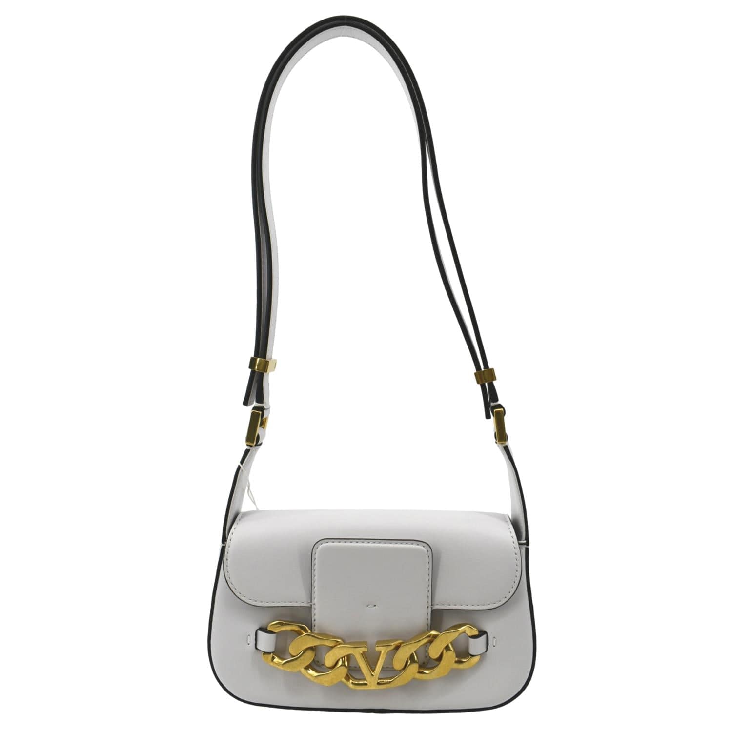 VALENTINO V Logo Chain Leather Shoulder Crossbody Bag Off White