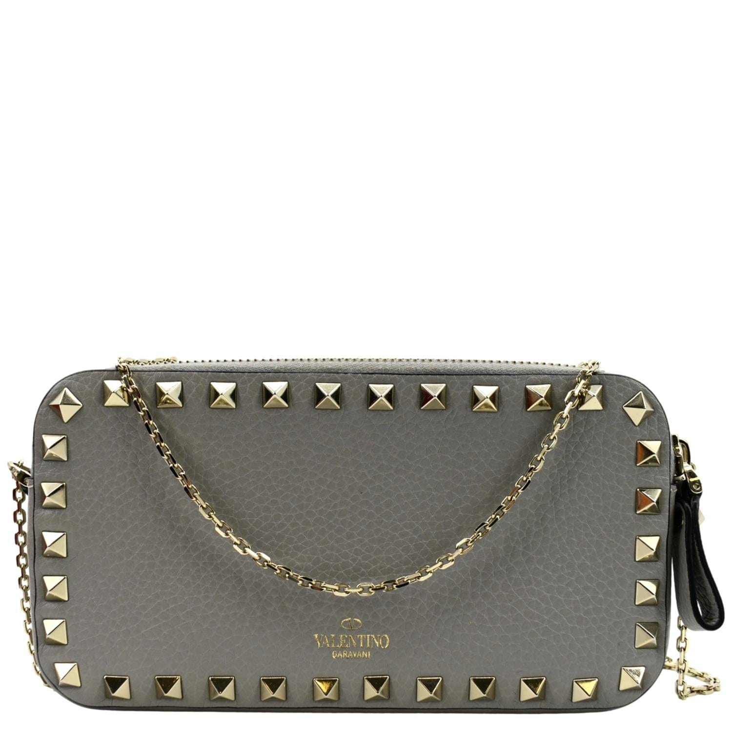 VALENTINO Double Zip Rockstud Leather Chain Crossbody Bag Grey