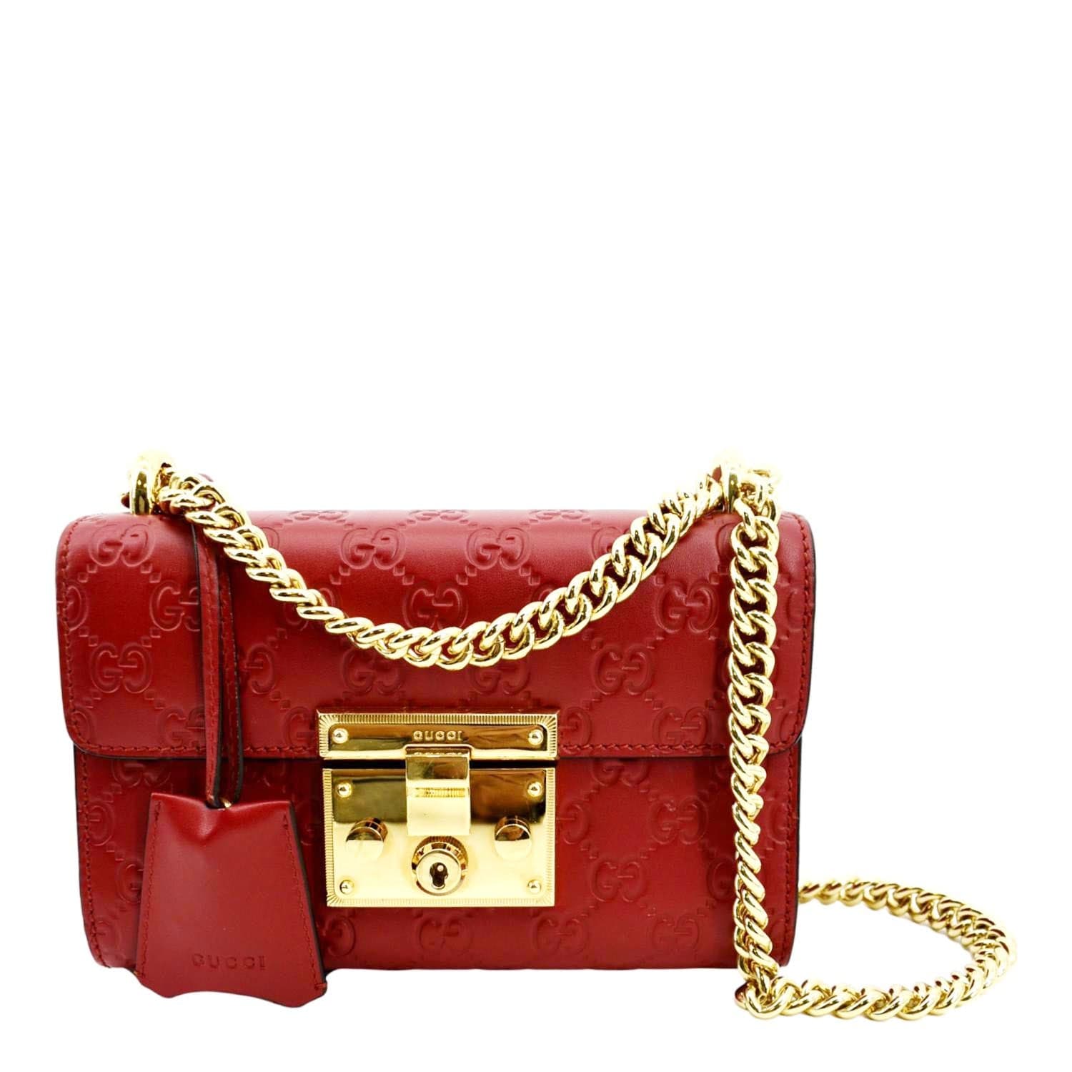 GUCCI Signature Padlock Leather Top Handle Shoulder Bag Red 409487