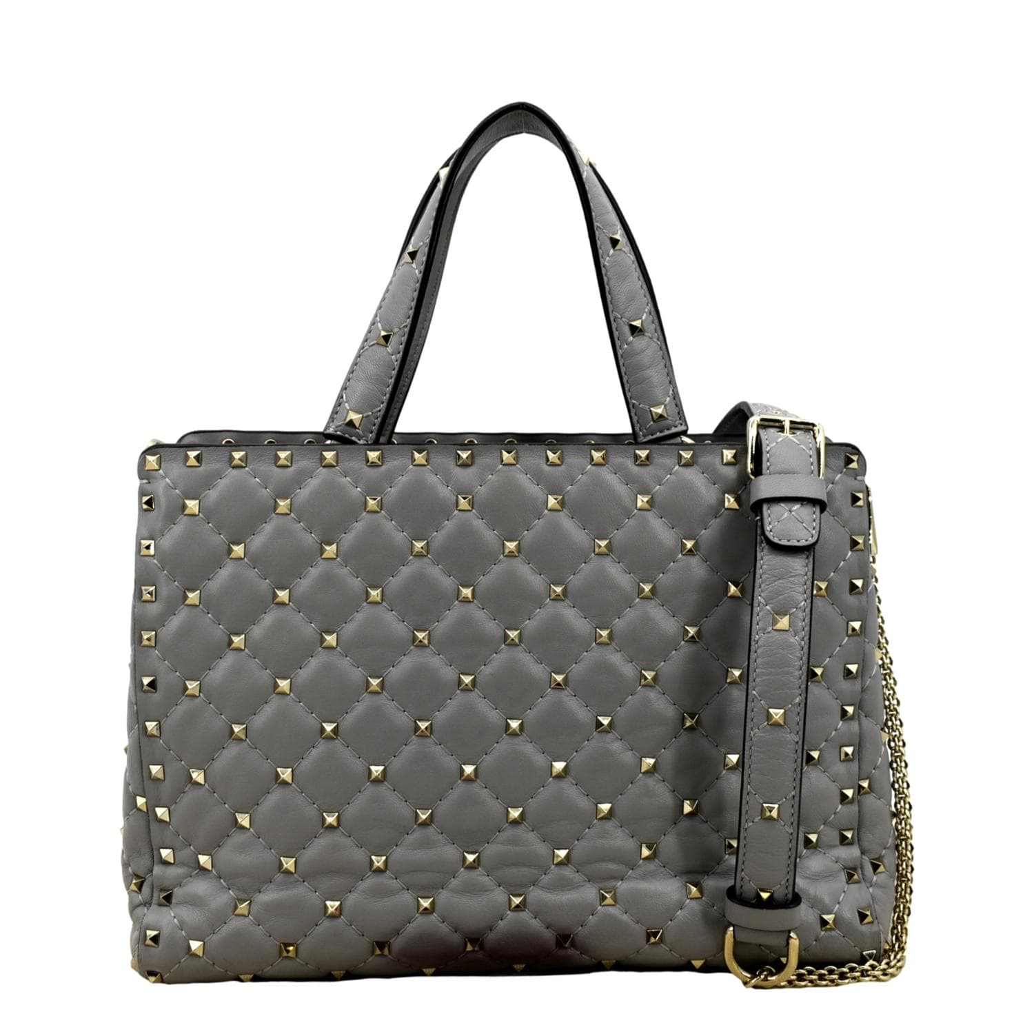 VALENTINO Rockstud Spike Quilted Leather Tote Crossbody Bag Grey