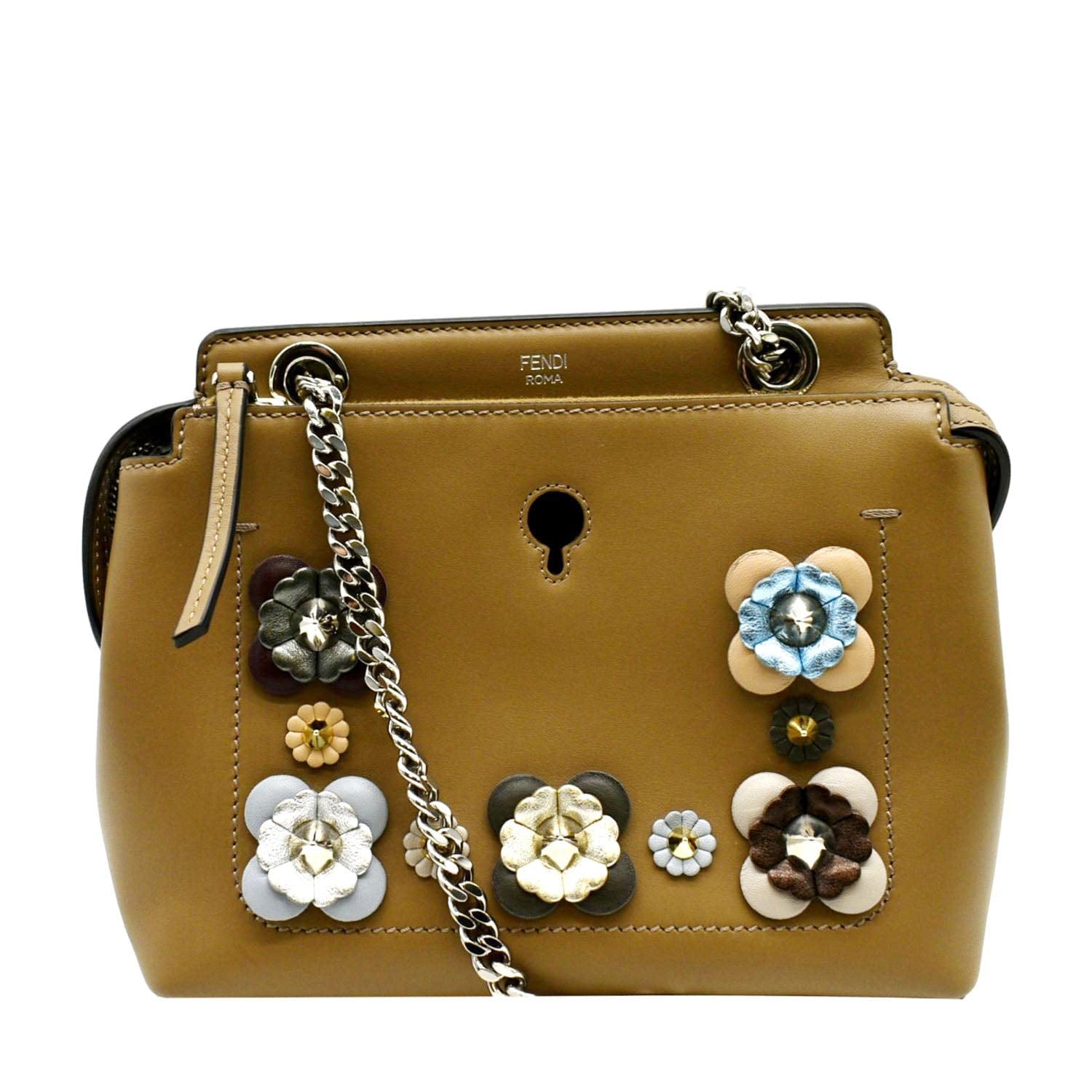 FENDI DotCom Flower Embellished Leather Shoulder Bag Tan