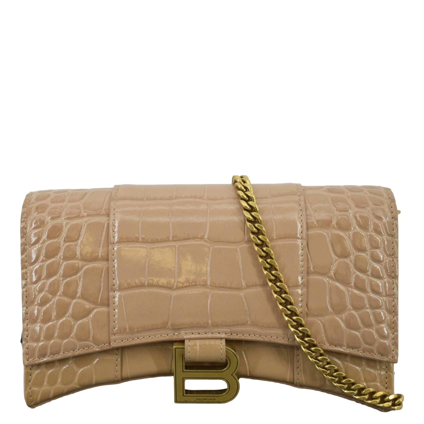 BALENCIAGA Hourglass Crocodile Embossed Leather Chain Shoulder Bag Light Brown