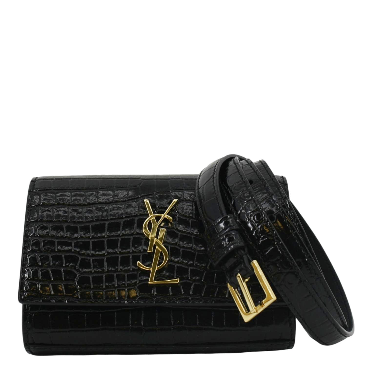 YVES SAINT LAURENT Kate Crocodile Embossed Leather Belt Bag Black