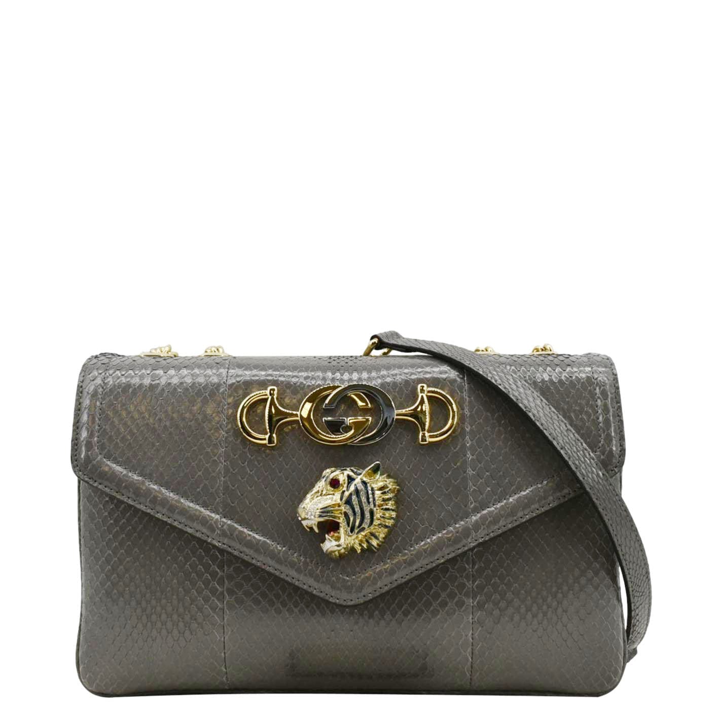 GUCCI Rajah Medium Leather Chain Shoulder Bag Grey 537241