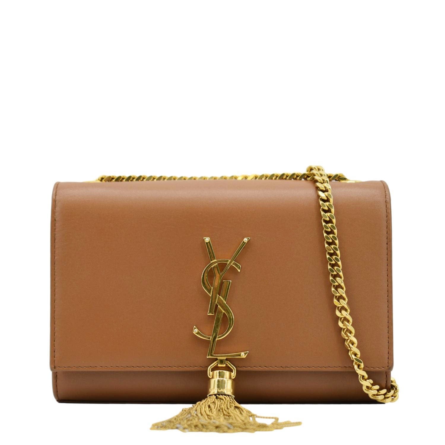 YVES SAINT LAURENT Kate Leather Chain Clutch Crossbody Bag Tan