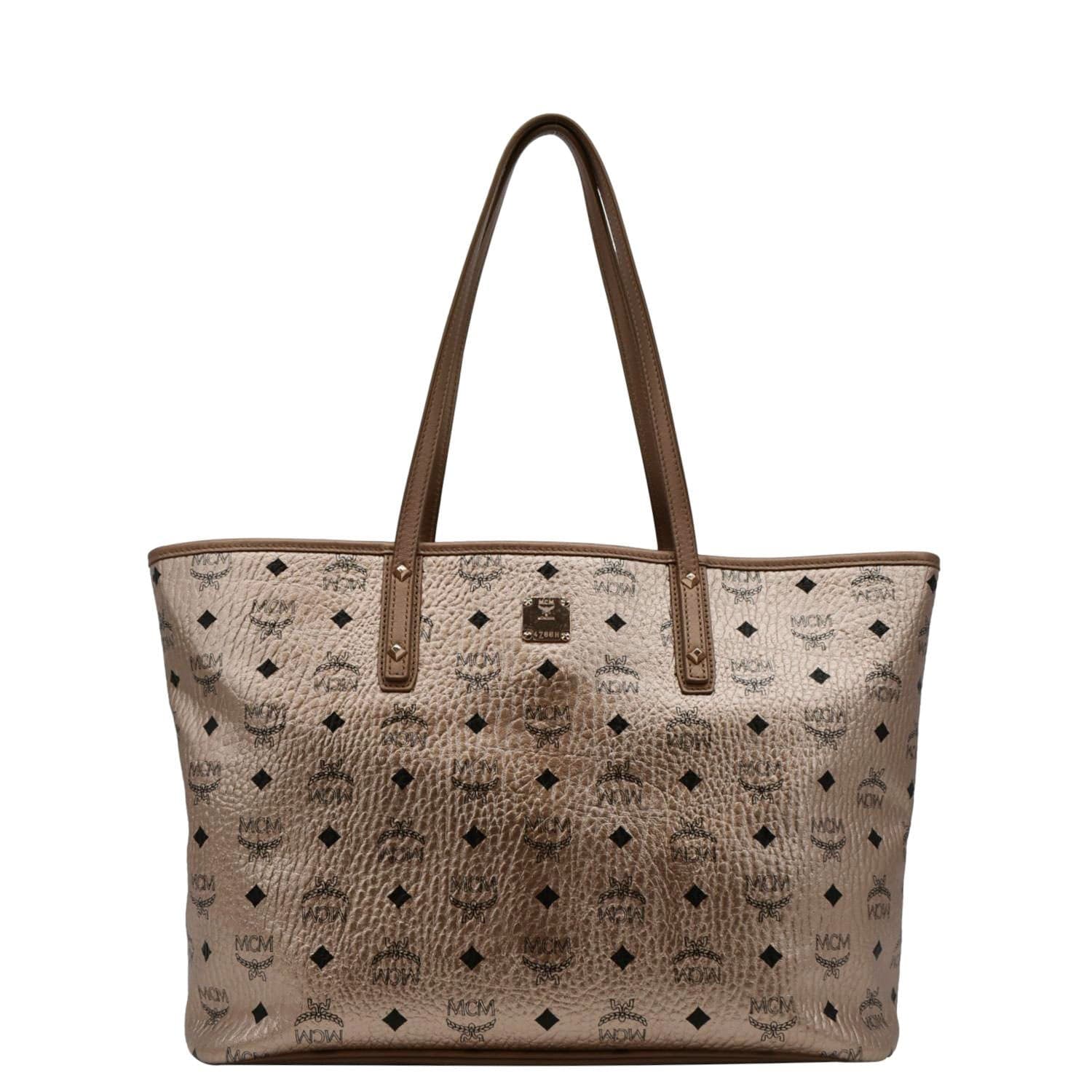 MCM Reversible Liz Medium Metallic Visetos Canvas Shopper Tote Bag Rose Gold