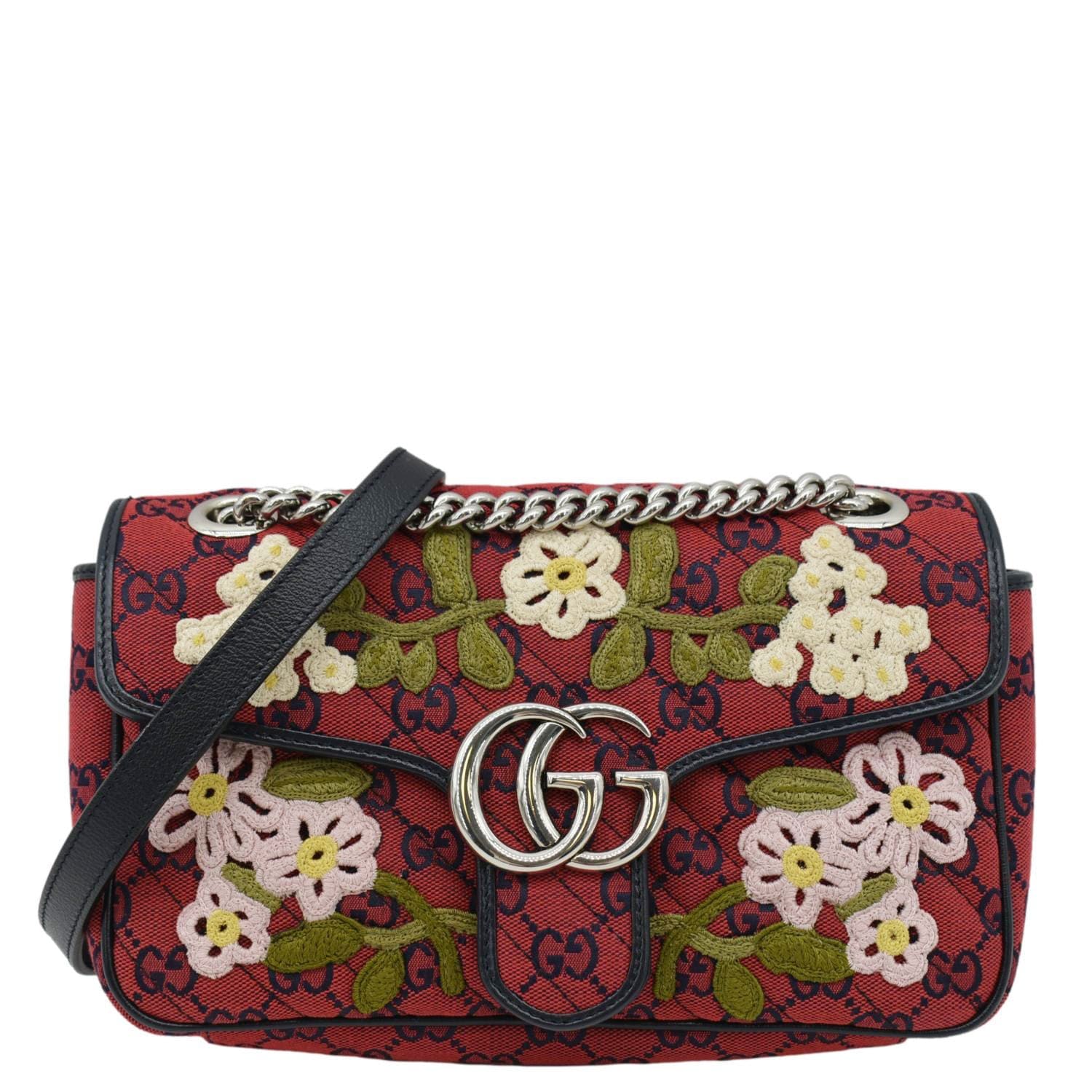 GUCCI GG Marmont Small Floral Embroidered Canvas Crossbody Bag Red 443497