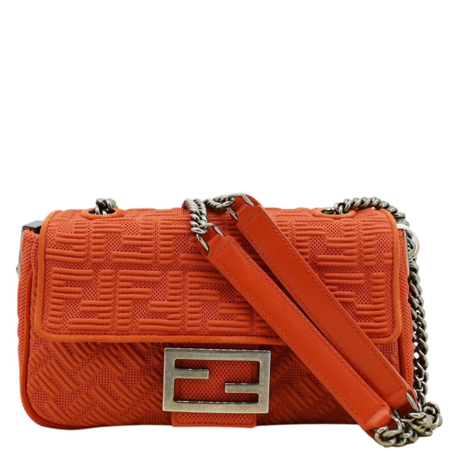 FENDI Baguette Technical Fabric FF Midi Chain Shoulder Bag Orange