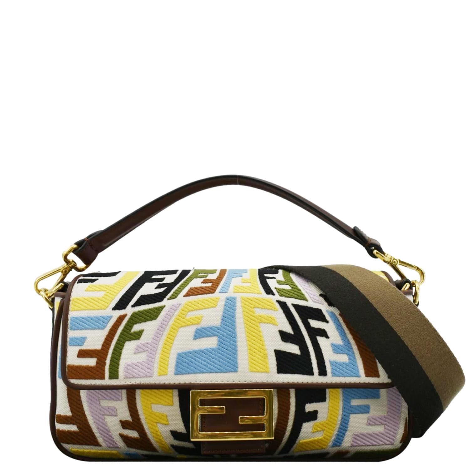 FENDI Fish Eye Baguette FF Embroidered Canvas Shoulder Bag Multicolor