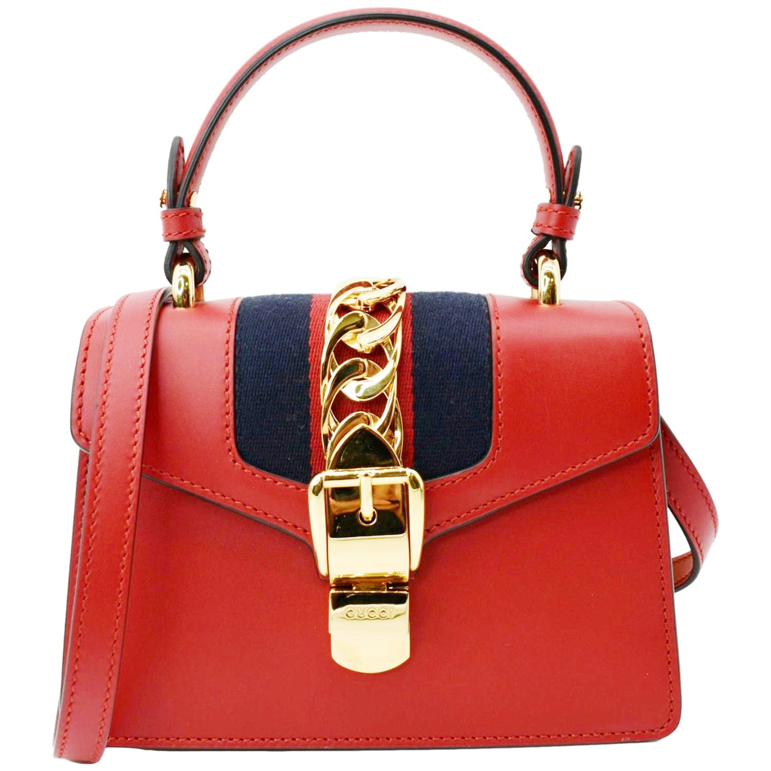 GUCCI Sylvie Mini Leather Top Handle Crossbody Bag Hibiscus Red 470270