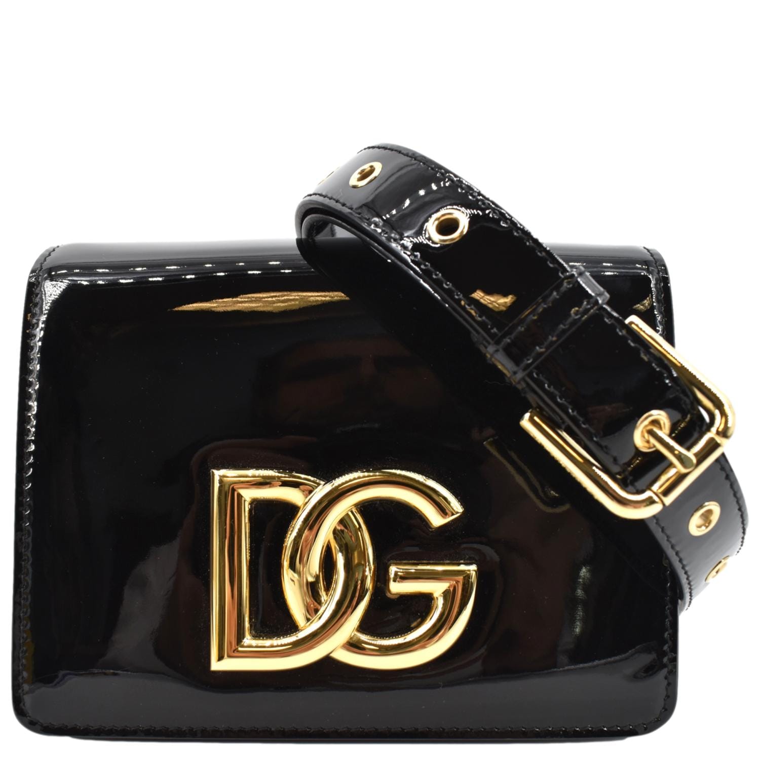 DOLCE & GABBANA Logo Patent Leather Crossbody Bag Black