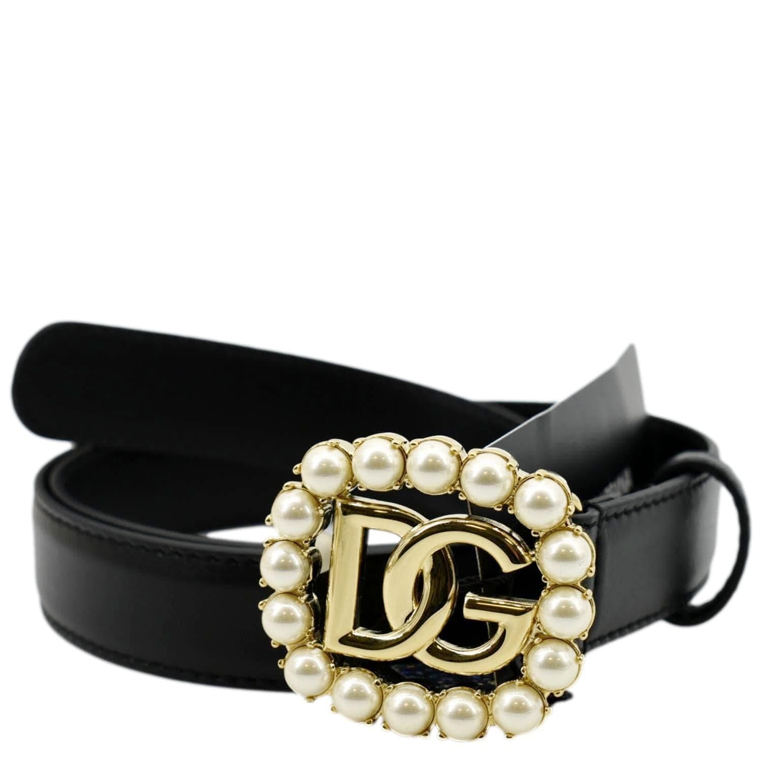 DOLCE & GABBANA DG Logo Pearl Leather Belt Black